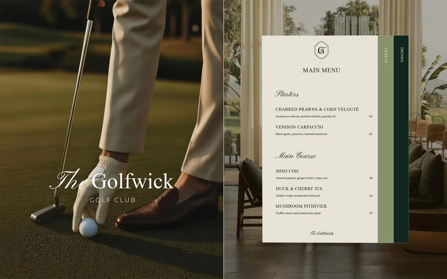 Luxury golf club brand identity design showing logo and visual identity system for a commercial interior branding project