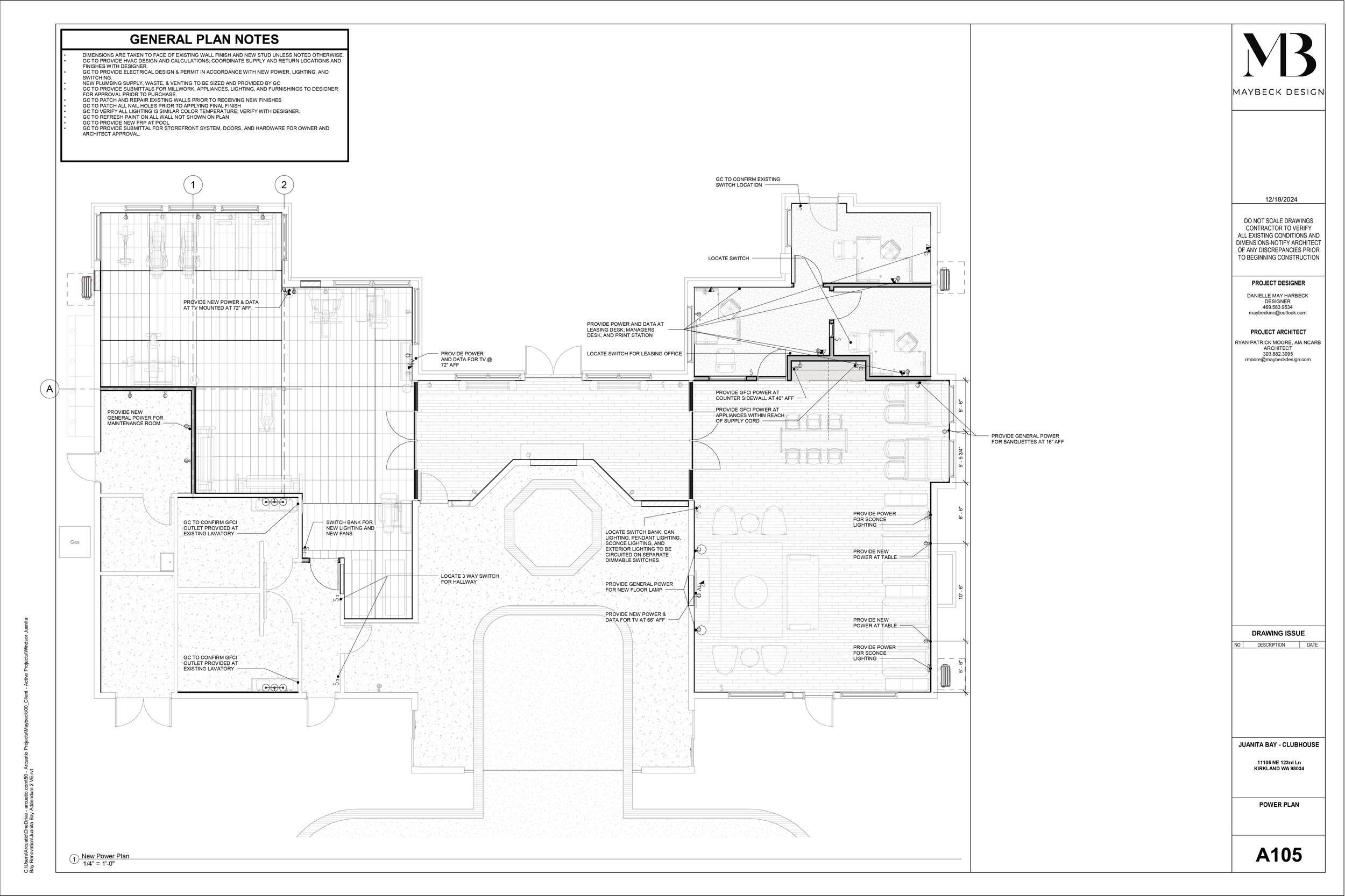 Architectural power plan for a building, showing electrical outlets, switches, lighting, and power distribution details, with labels and measurements.
