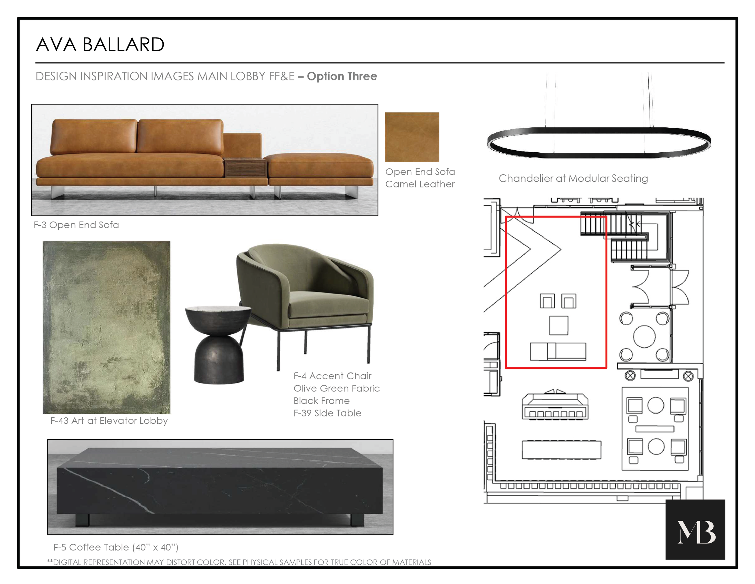 Design plan for a hotel lobby with furniture and decor including an open end sofa, accent chair, side table, coffee table, art piece, and chandelier, with a floor layout sketch.