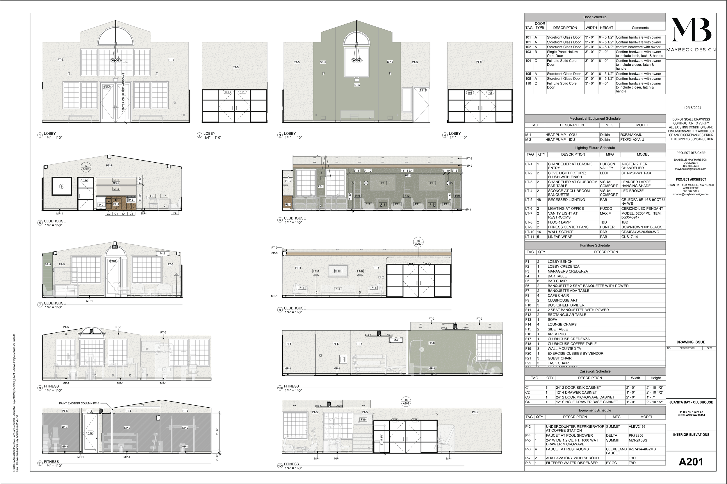 Architectural blueprint of a building, including floor plans, elevations, and detailed specifications for various rooms and fixtures.