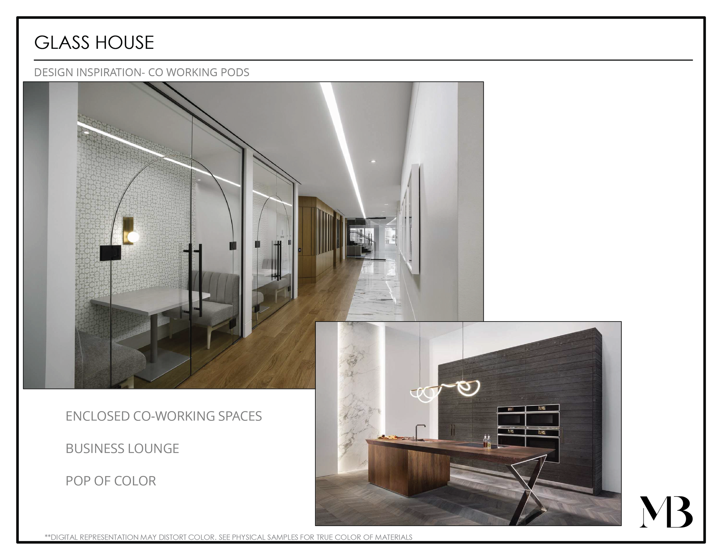 Design inspiration board for Glass House featuring enclosed co-working spaces, business lounge, and pop of color, with images of a modern office with glass walls and a stylish kitchen with dark wood cabinetry.