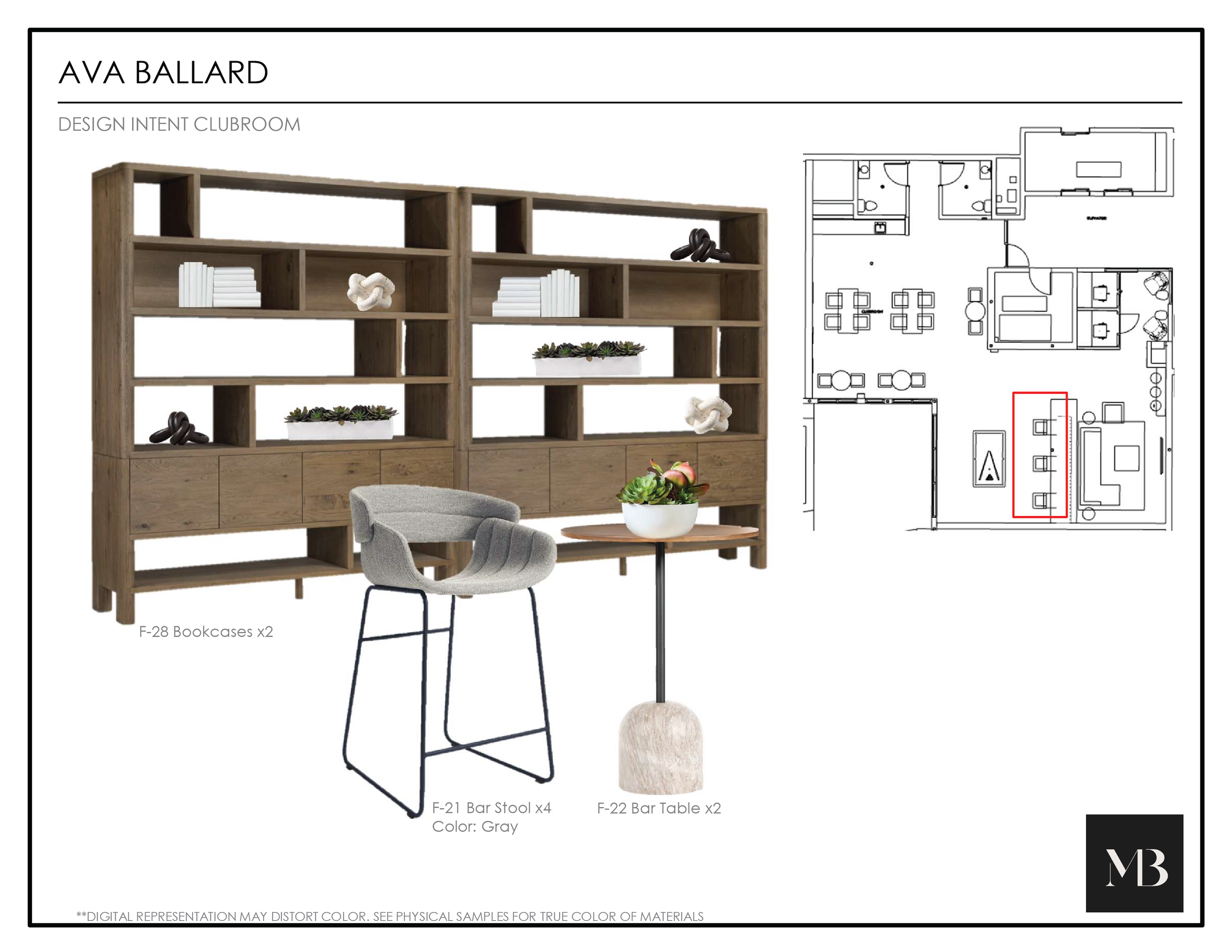 Design plan for an office or lounge area featuring a wooden bookshelf, a gray bar stool, a small round table with a white bowl of plants, and a floor plan layout of the room with furniture arrangement.