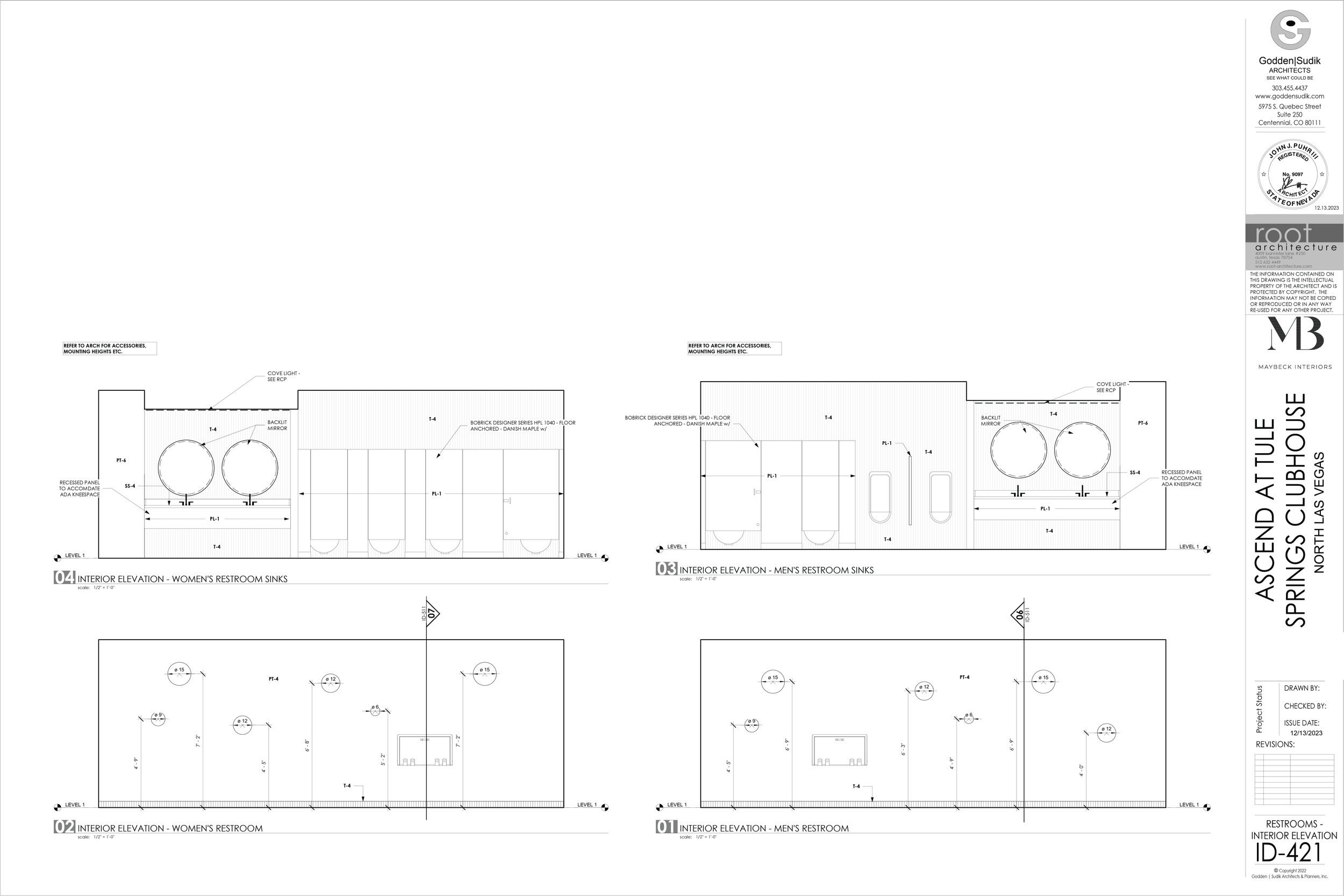 Architectural blueprint of restroom interior elevations for women's and men's restrooms at Ascend Attule Springs Clubhouse in North Las Vegas, including sinks, mirrors, and plumbing fixtures.