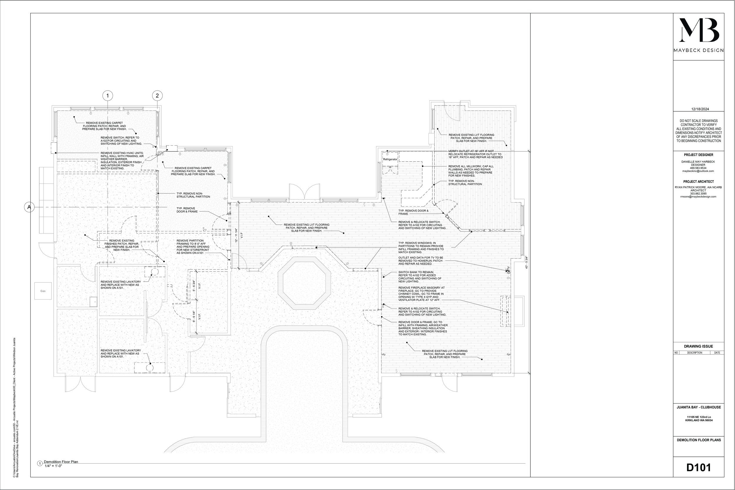 Architectural demolition floor plan for a building, showing interior and exterior layouts, doorways, windows, and notes for removal and renovation tasks. The plan includes labels, measurements, and instructions for construction work.