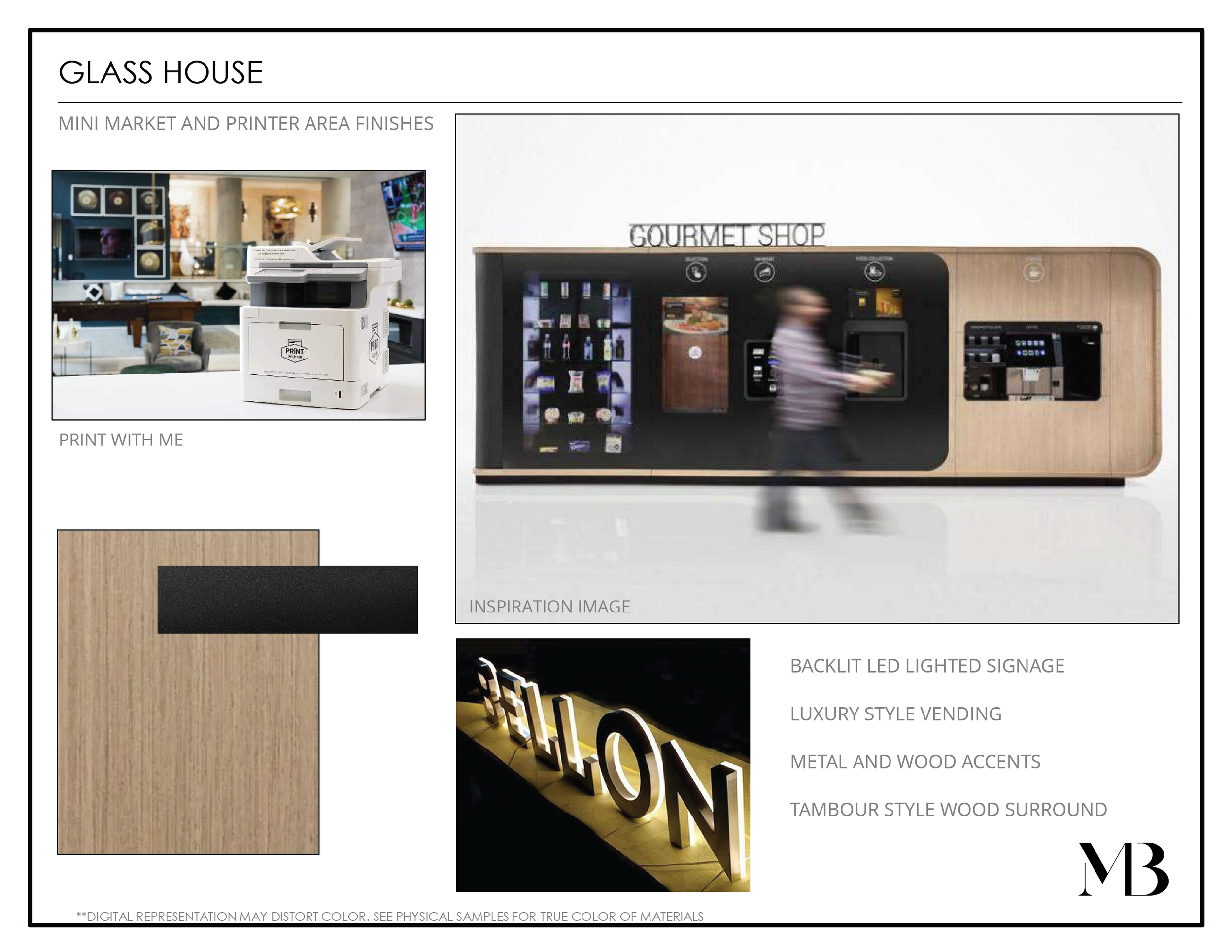 Design layout for a glass house retail space with mini market and printer area finishes, featuring a coffee shop with digital menu, a backlit LED signage with the word 'STATION' illuminated in bold, modern style, and sample materials including wood and metal accents.