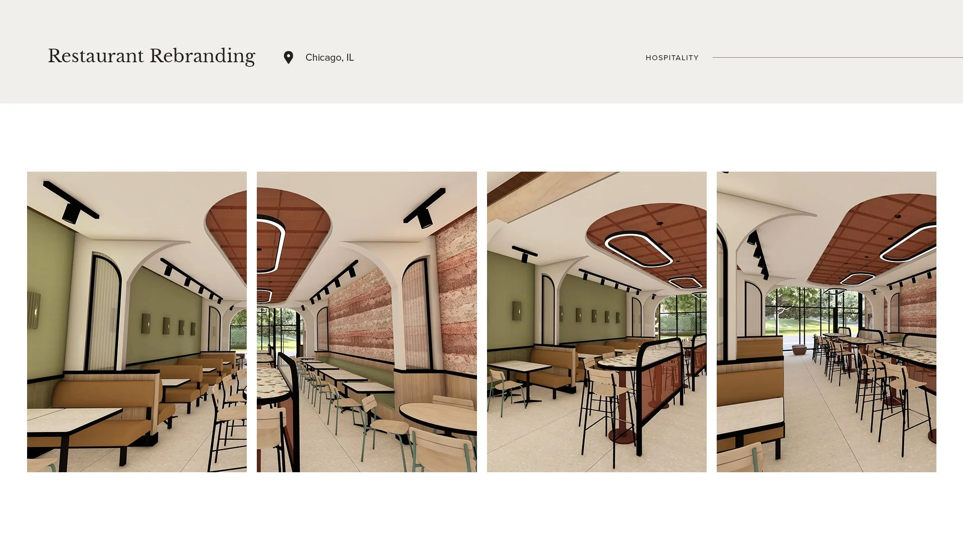 Interior design concepts for a restaurant rebranding featuring modern seating and lighting, with large windows showing an outdoor view.