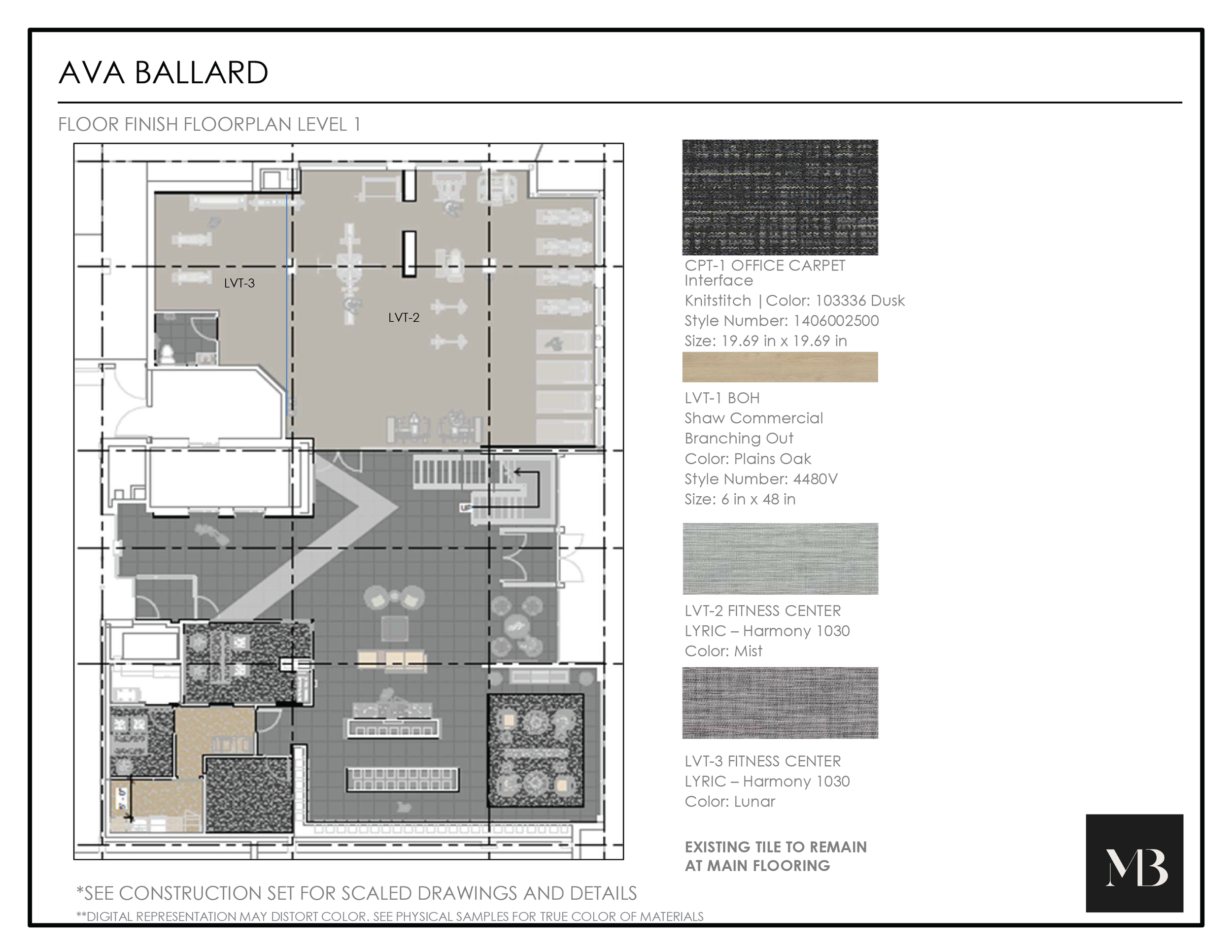 Floor plan of the ground level of a building with office and fitness center areas, labeled AVA BALLARD.