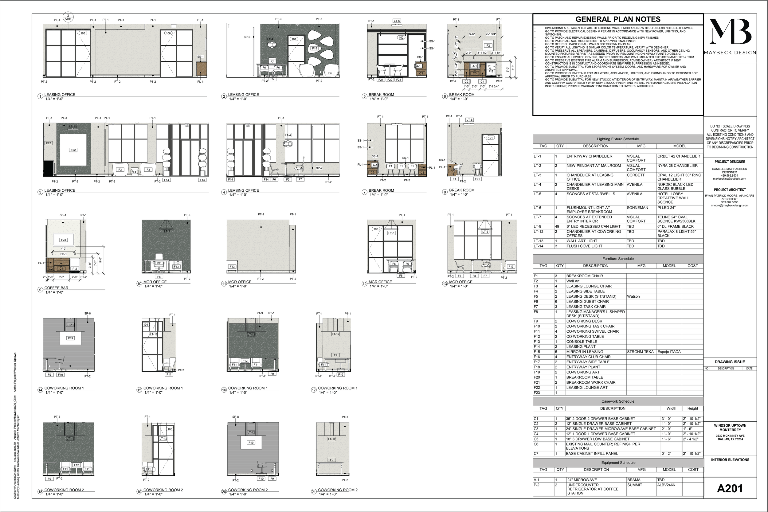Architectural floor plan showing multiple office and coworking space layouts with detailed annotations, furniture arrangements, and notes.