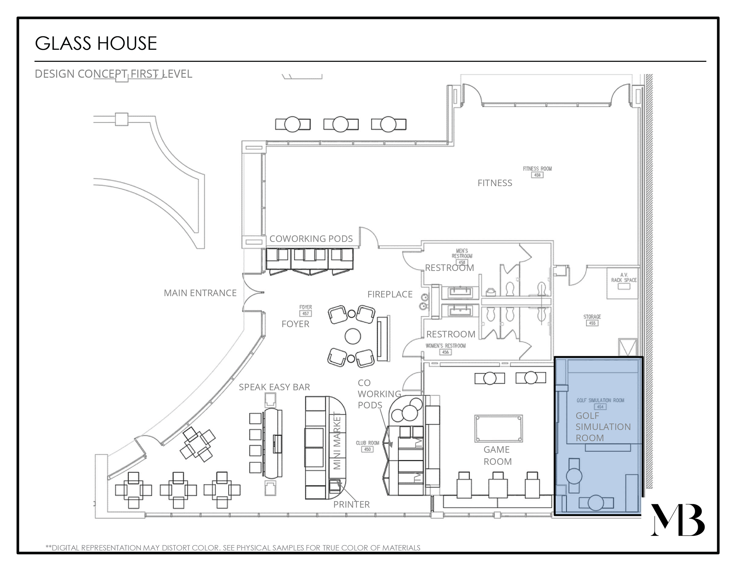 Blueprint floor plan of a glass house featuring a fitness room, coworking pods, fireplace, game room, golf simulation room, restrooms, storage, kitchen, mini market, and seating area.