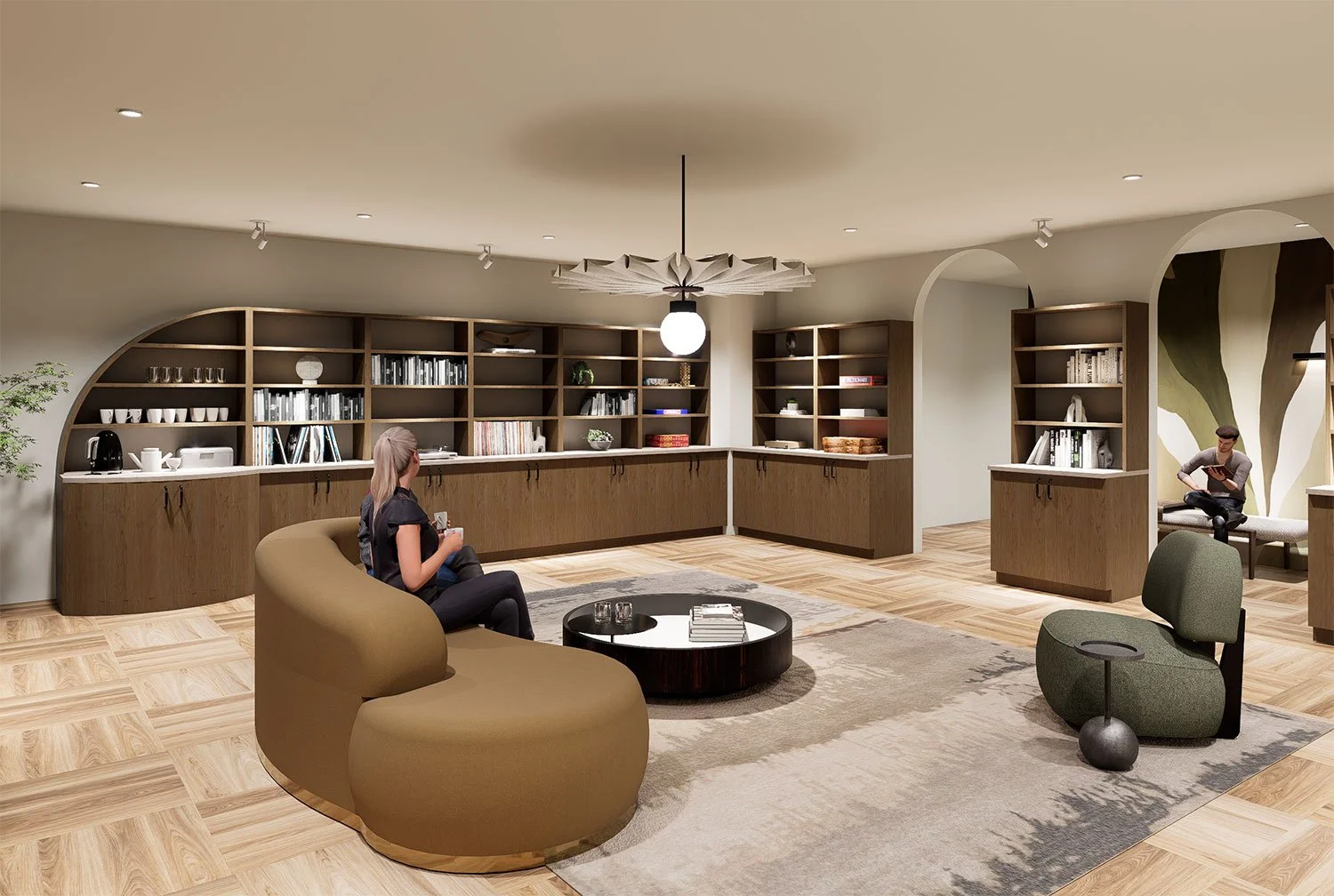 Modern living room with curved bookshelf, beige and green chairs, coffee table, and a woman sitting on one chair, reading a book, with a man sitting on a bench reading a book, and a central light fixture hanging from the ceiling.