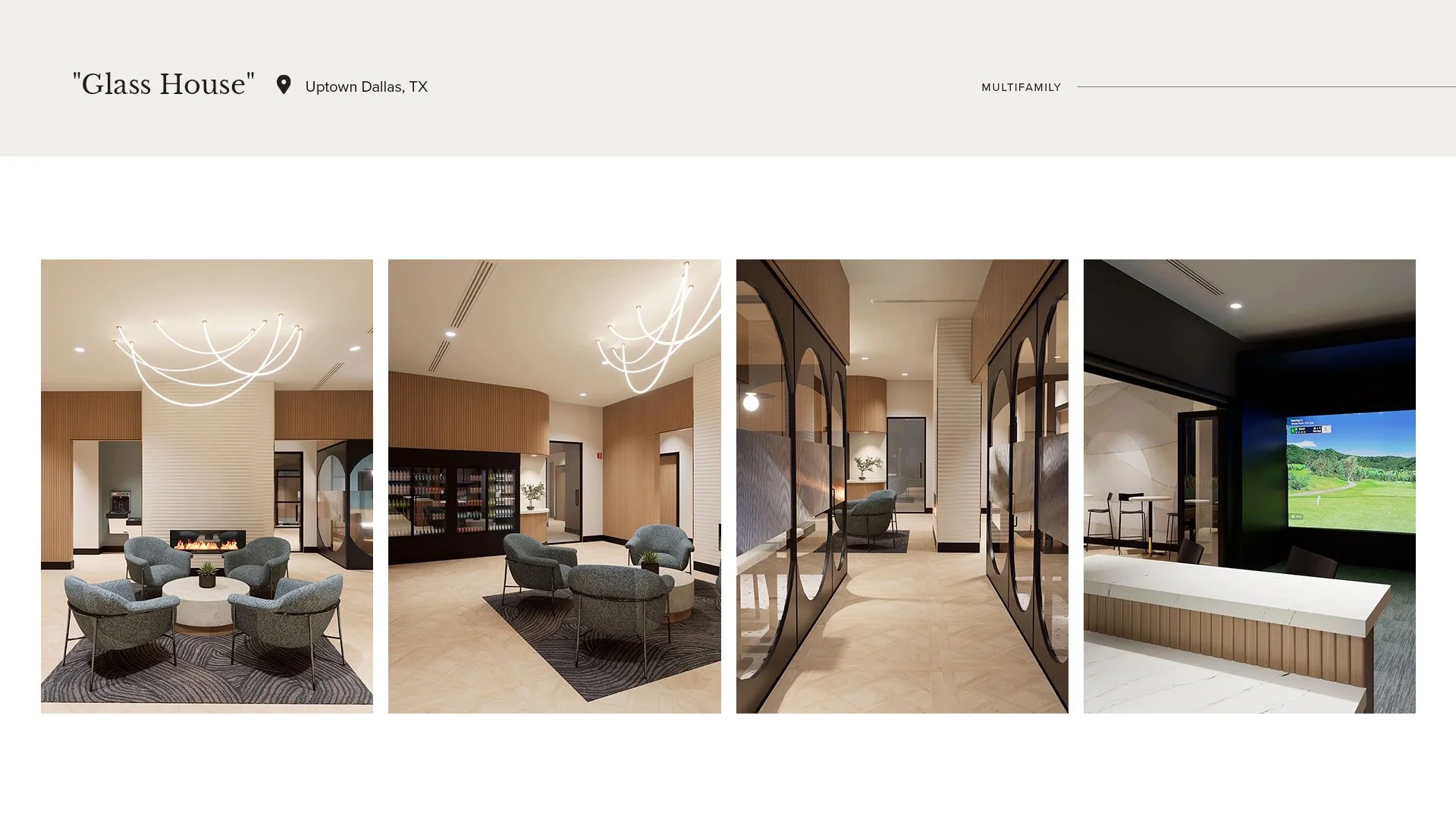 Collage of four interior shots of a modern lounge area with seating, a fireplace, decorative lighting, a vending area, and a golf simulation screen.