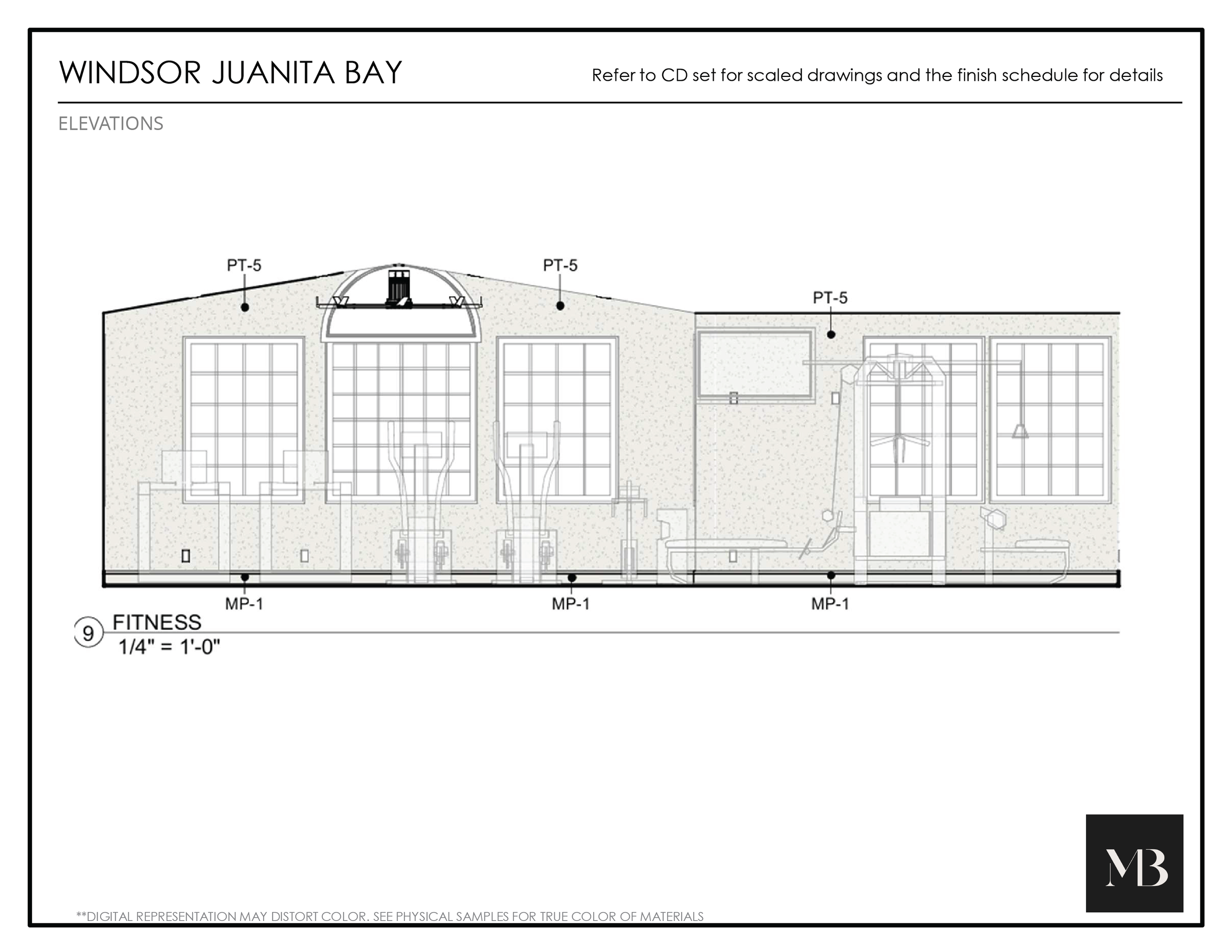 Elevation drawing of Windsor Juanita Bay featuring windows, doors, and structural elements with notes on scale and finish schedule.