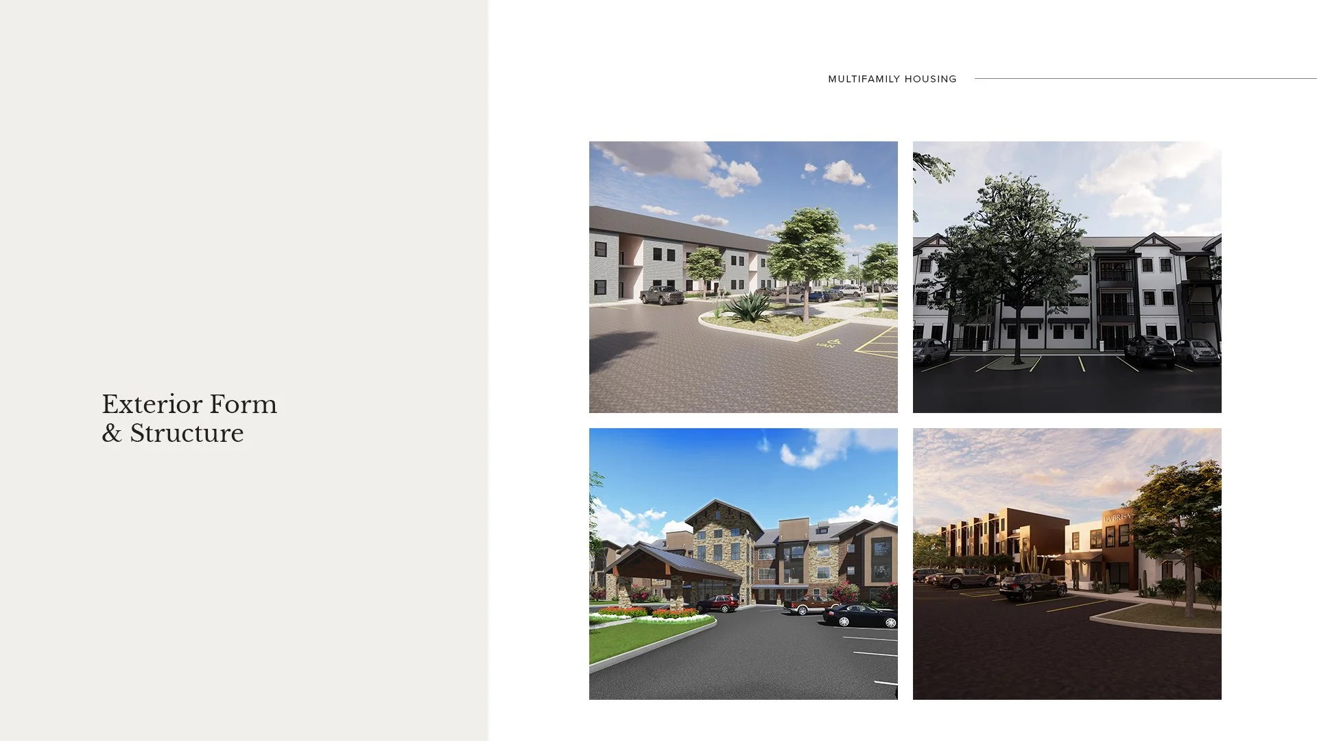 Compilation of four architectural renderings of multifamily housing buildings, showcasing exterior form and structure, with landscaped surroundings and parking areas.