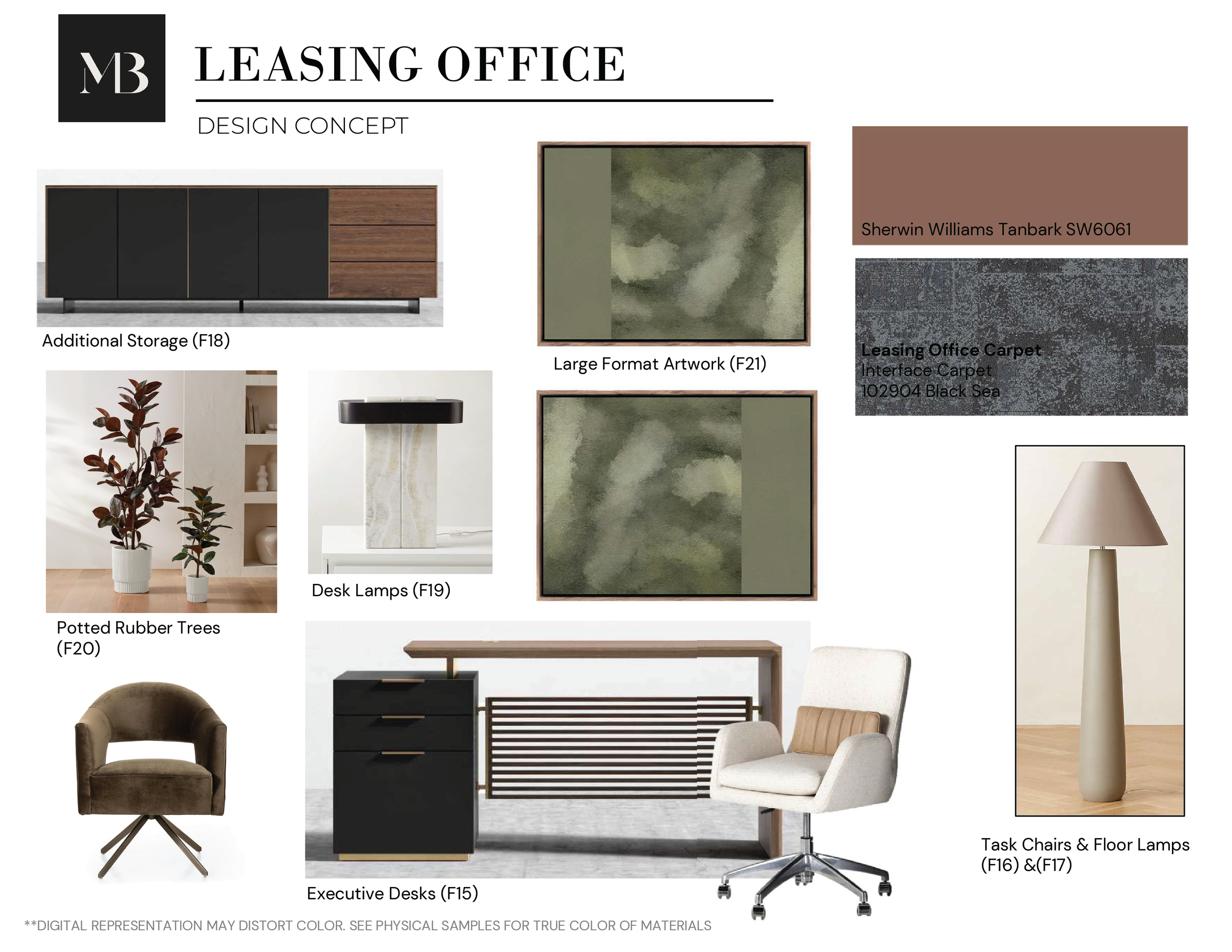 Design concept for a leasing office showing furniture and decor samples. It includes an executive desk, a white armchair, a black and wood filing cabinet, two large abstract artwork pieces, a floor lamp, potted rubber trees, a table lamp, and a wall-mounted storage unit. Colors and materials include black, wood, beige, and green tones.