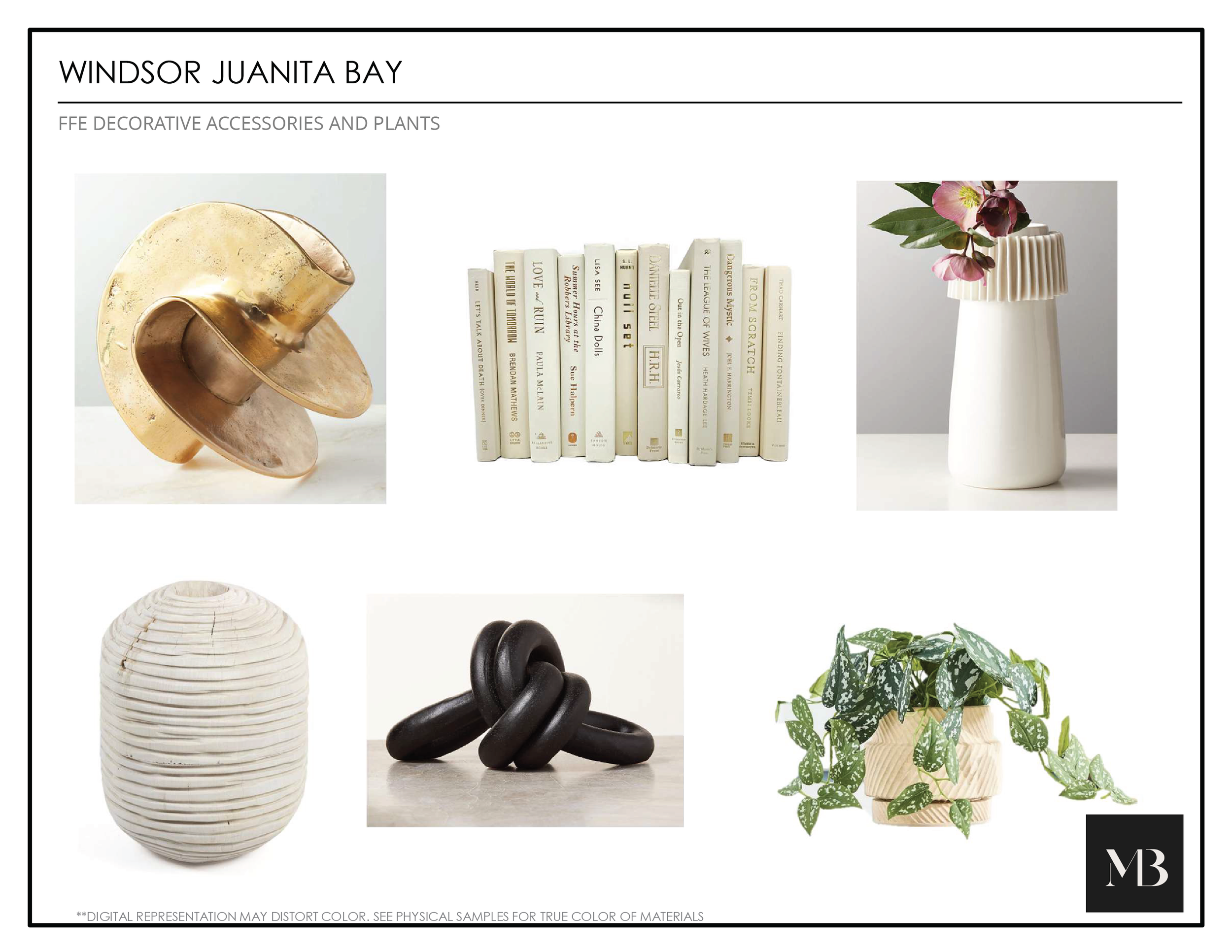 Collection of decorative home accessories including a gold sculpture, white books with neutral covers, a white ceramic vase with pink flowers, a white textured ceramic vase, a black knot sculpture, and a beige planter with green leafy plant.