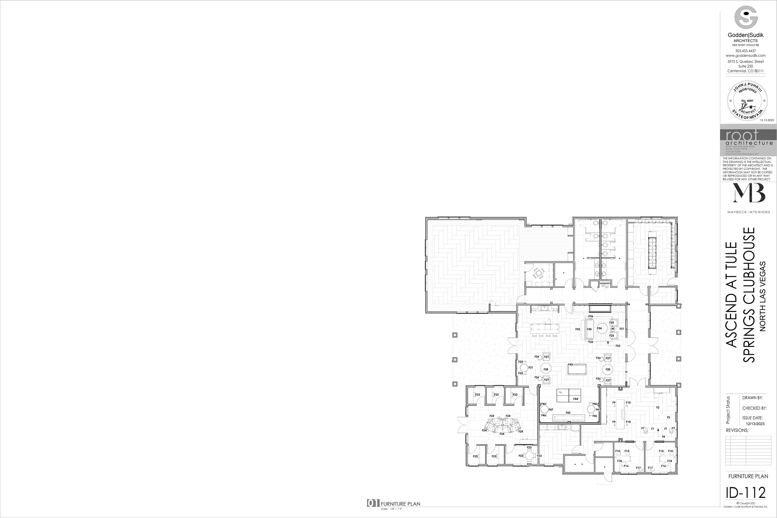 Architectural blueprint for a clubhouse interior, detailing furniture layout and room divisions, titled 'Ascend Attulle Springs Clubhouse North Las Vegas'.