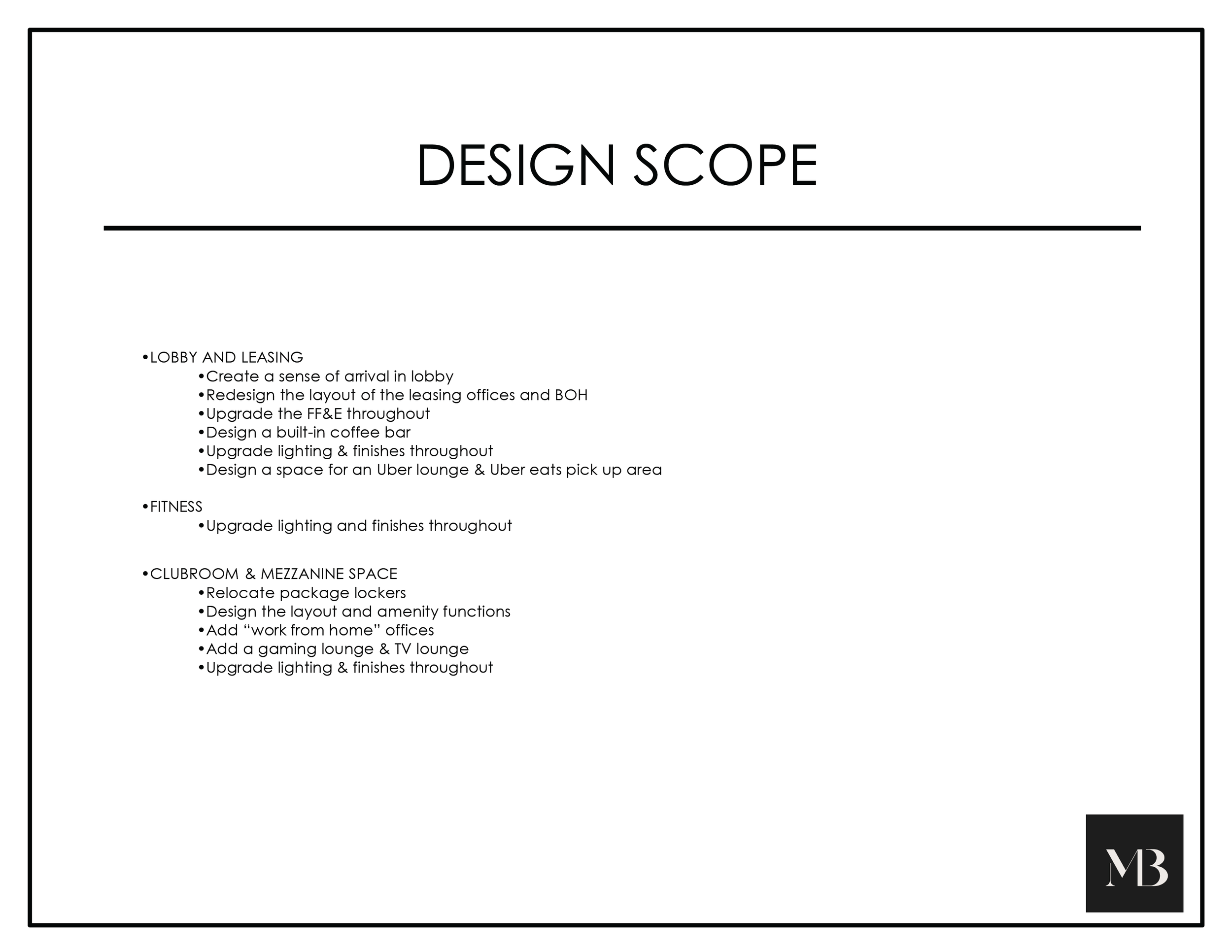 Design scope document outlining plans for lobby and leasing, fitness, and clubroom and mezzanine space, including upgrades, layouts, and features.
