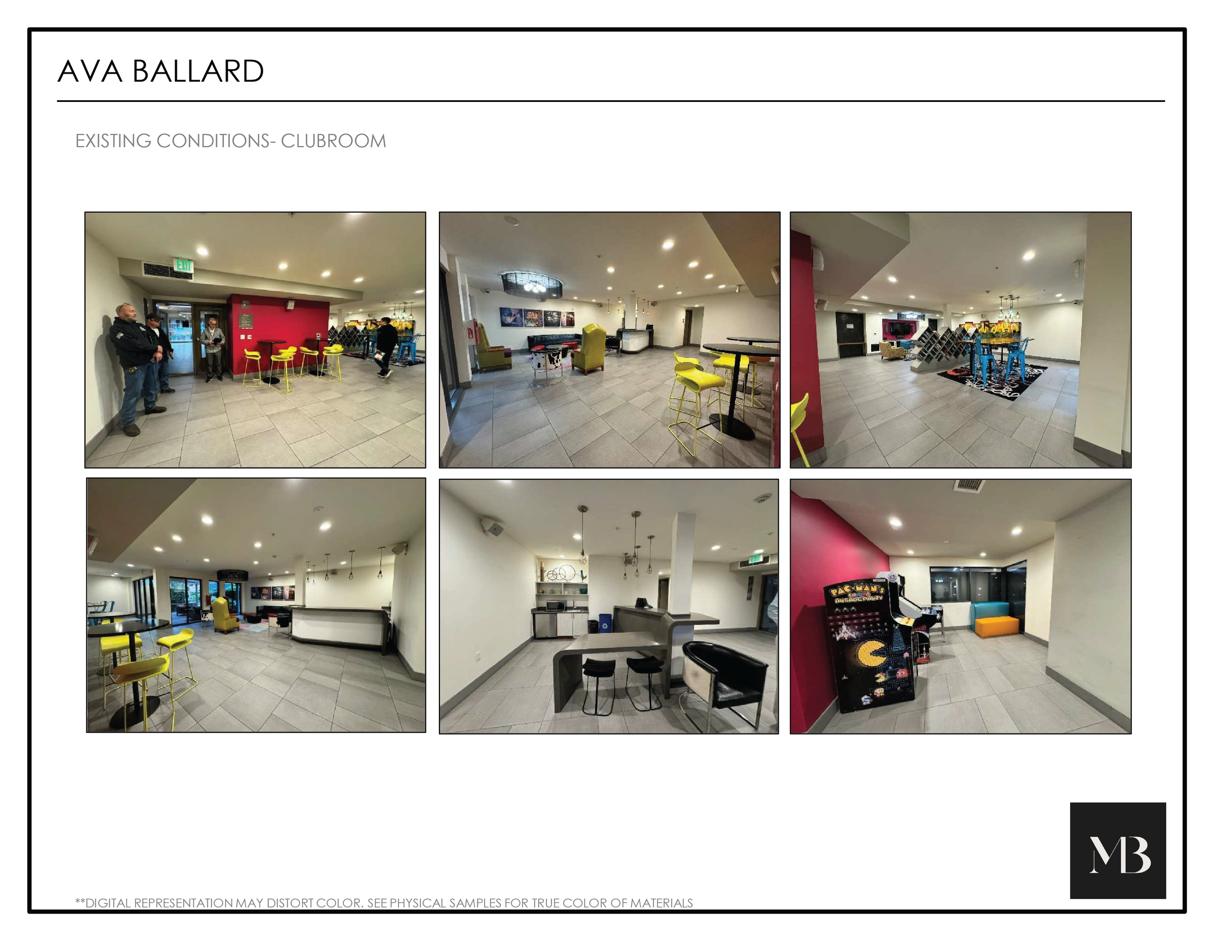 Collage of six photos showing a lounge and entertainment area, with bar counter, seating, arcade game, and a corridor with bright lighting.