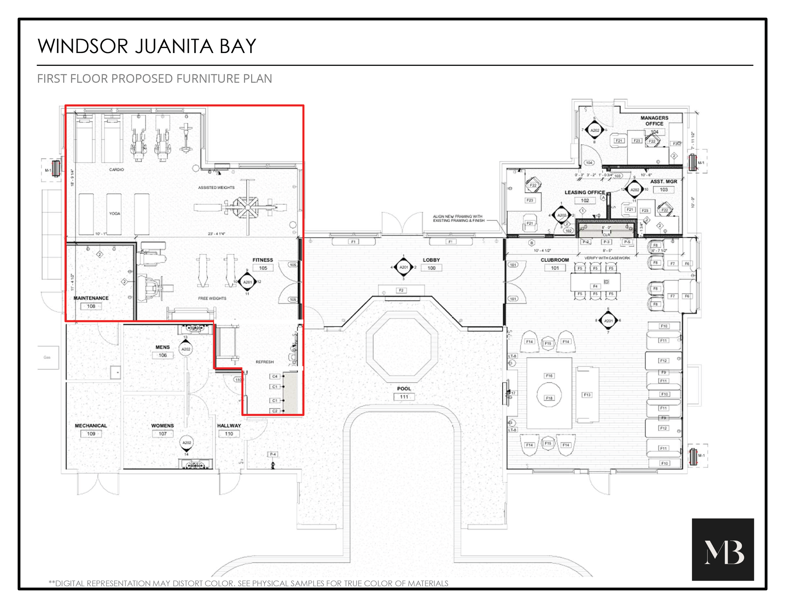 First floor proposed furniture plan for Windsor Juanita Bay, including labeled rooms like fitness, maintenance, men's and women's restrooms, mechanical, hallway, lobby, pool, clubroom, leasing office, and manager's office, with a red outline around the fitness area.