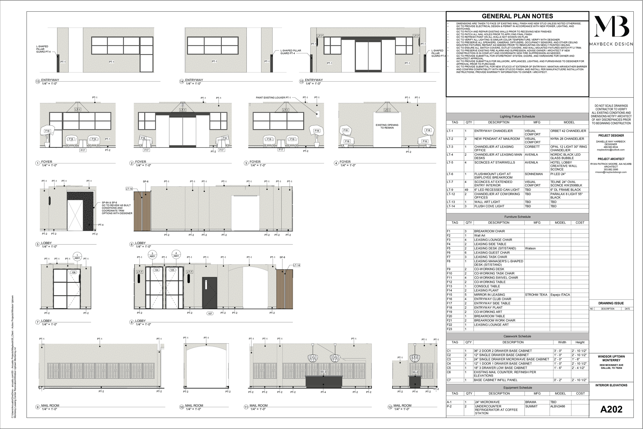 Detailed architectural blueprint of the interior and exterior design plan for a commercial space, including elevations, entryways, lobbies, mail rooms, and furniture placements, with notes and schedules.