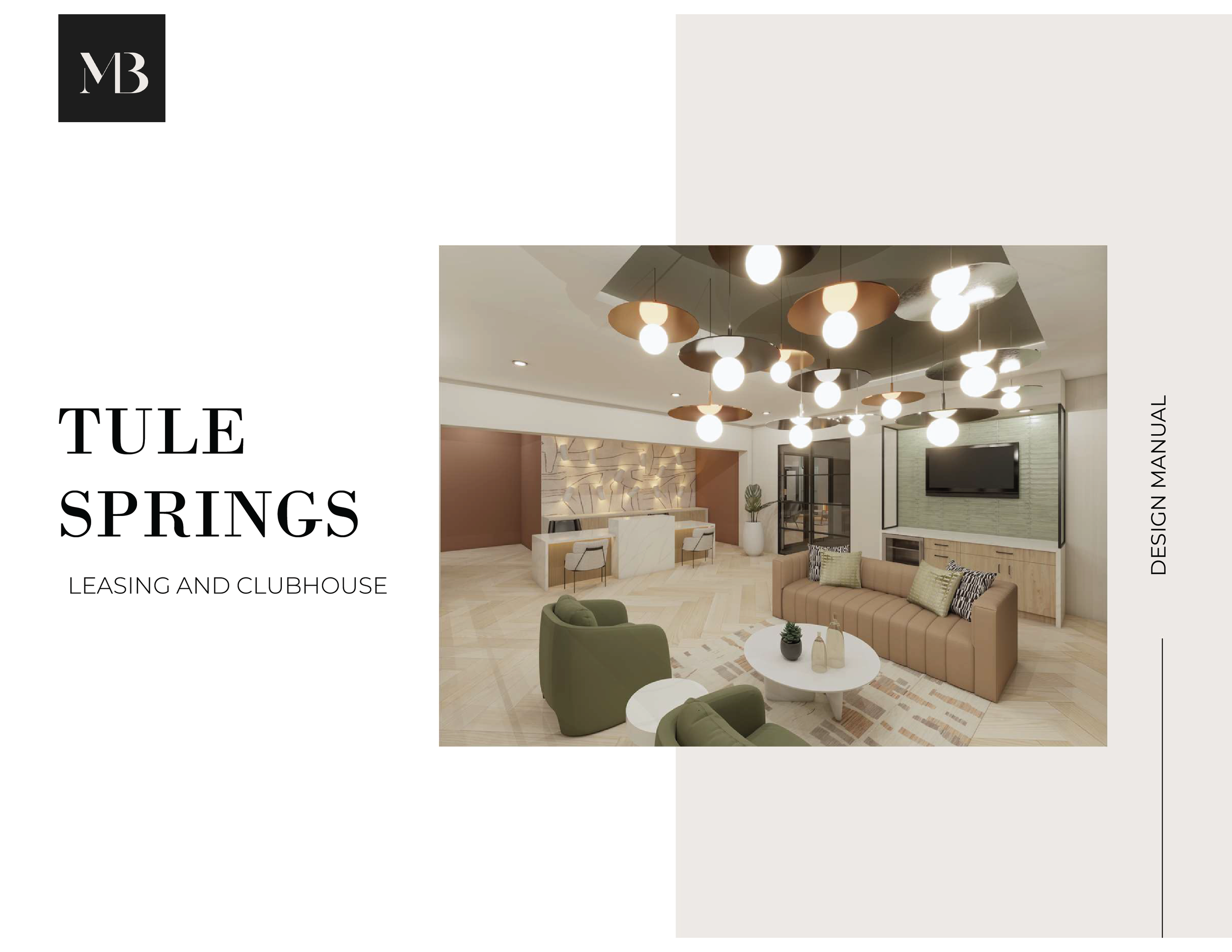 Interior of a modern leasing clubhouse with stylish seating, a large television, unique ceiling lighting, and contemporary decor.