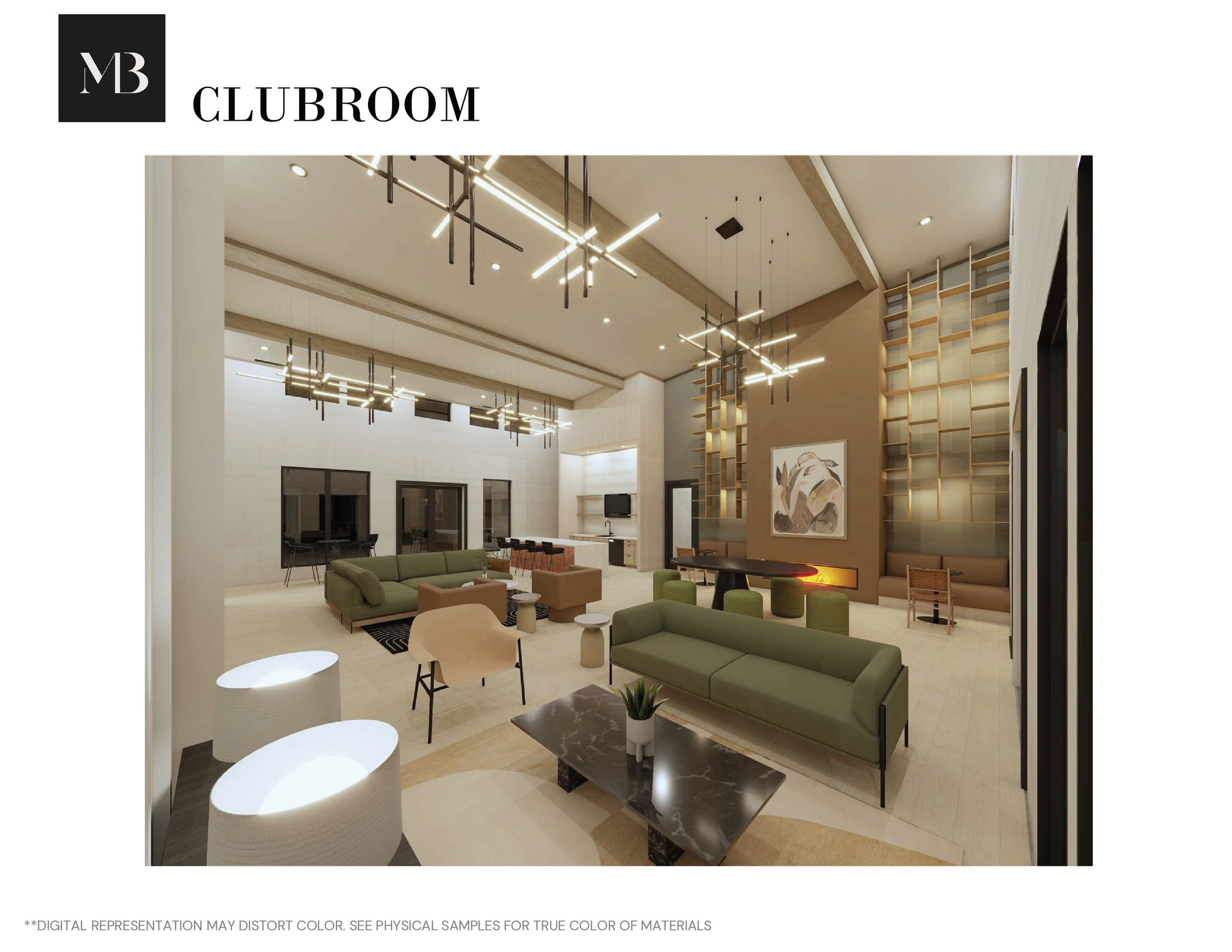 A modern living room with high ceilings, contemporary furniture, and decorative lighting fixtures. It features green sofas, armchairs, a marble coffee table, and a large abstract painting on the wall, with a mix of wood and neutral tones.