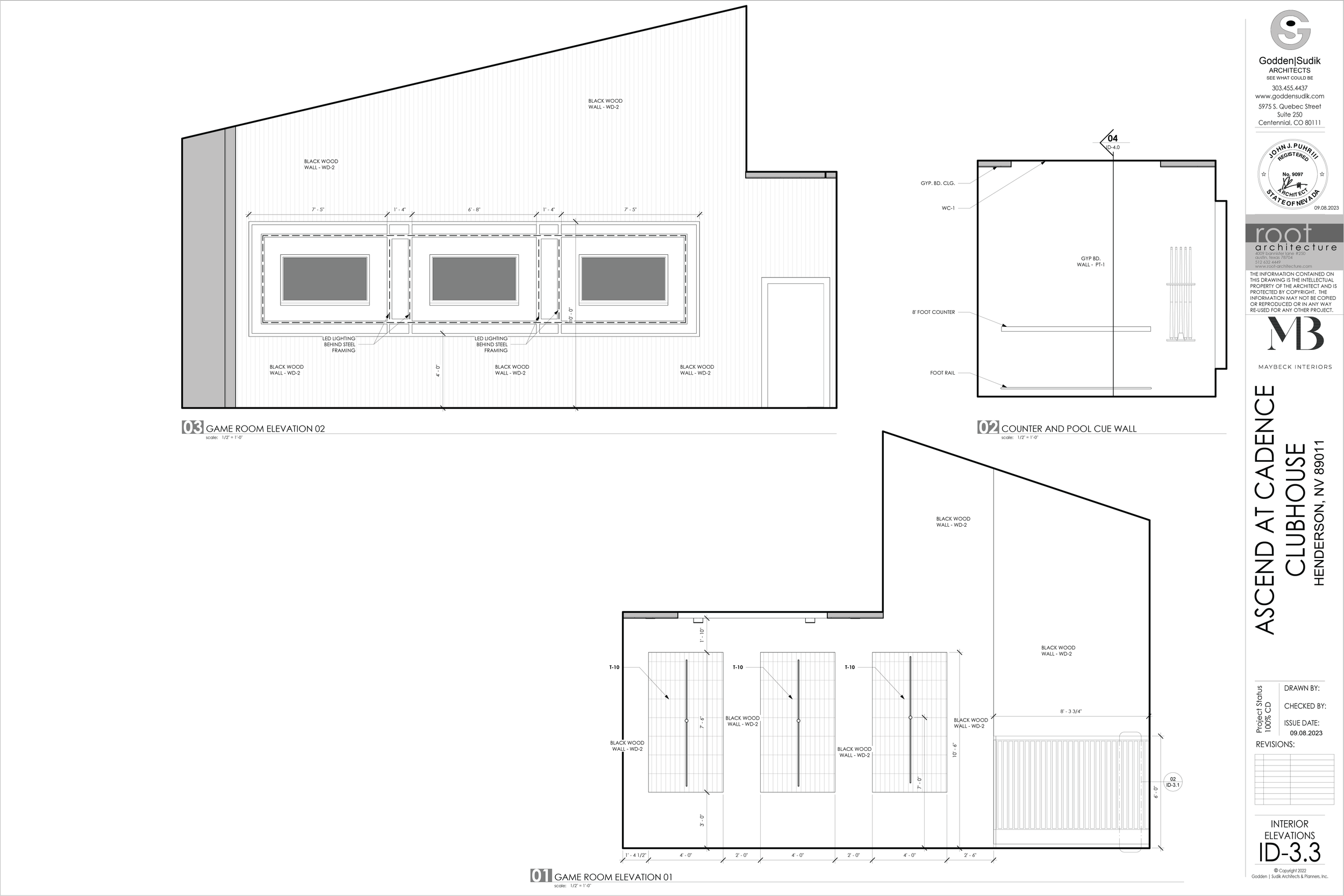 Architectural blueprint of a clubhouse gaming room and pool area, including elevation details for game room and counters, with dimensions and materials labeled.