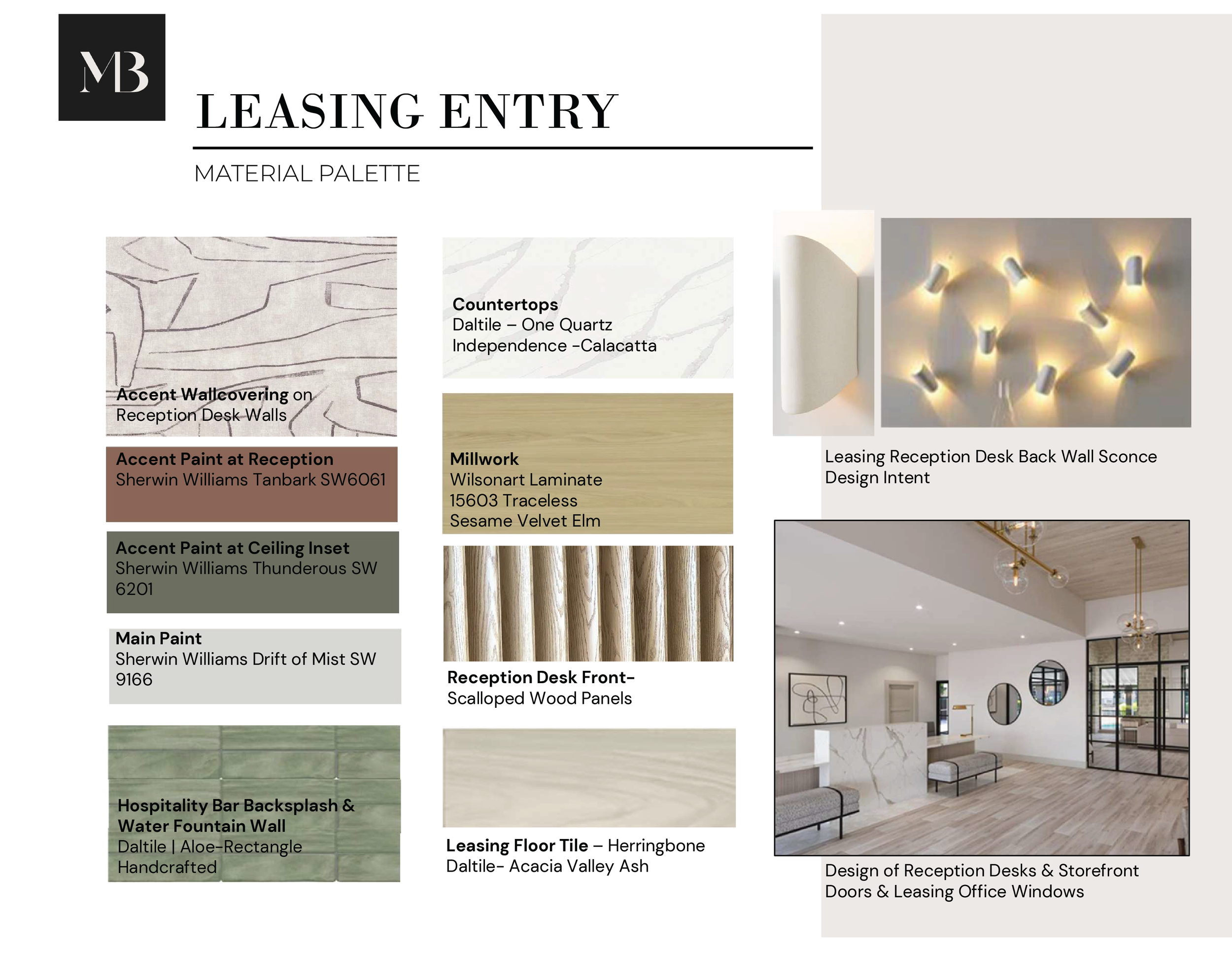 Leasing entry material palette for reception area, featuring wallcovering, paint, counter tops, millwork, floor tile, back splash, and furniture with images of wall sconce lighting, wood panels, and an image of a reception desk and office space.