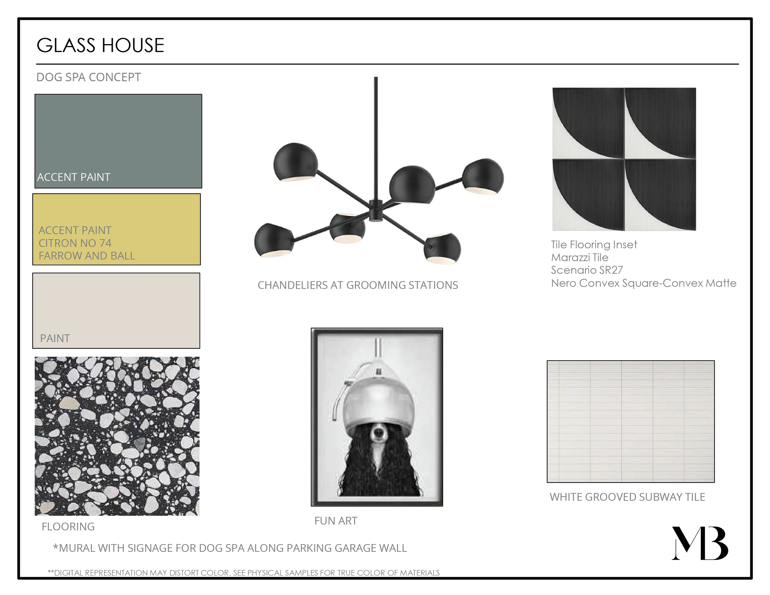 Design plan for a dog spa labeled 'Glass House.' Includes color swatches with names, a chandelier image labeled 'Chandeliers at Grooming Stations,' a tile flooring inset, a fun dog art image, and a tile pattern labeled 'White Grooved Subway Tile.'