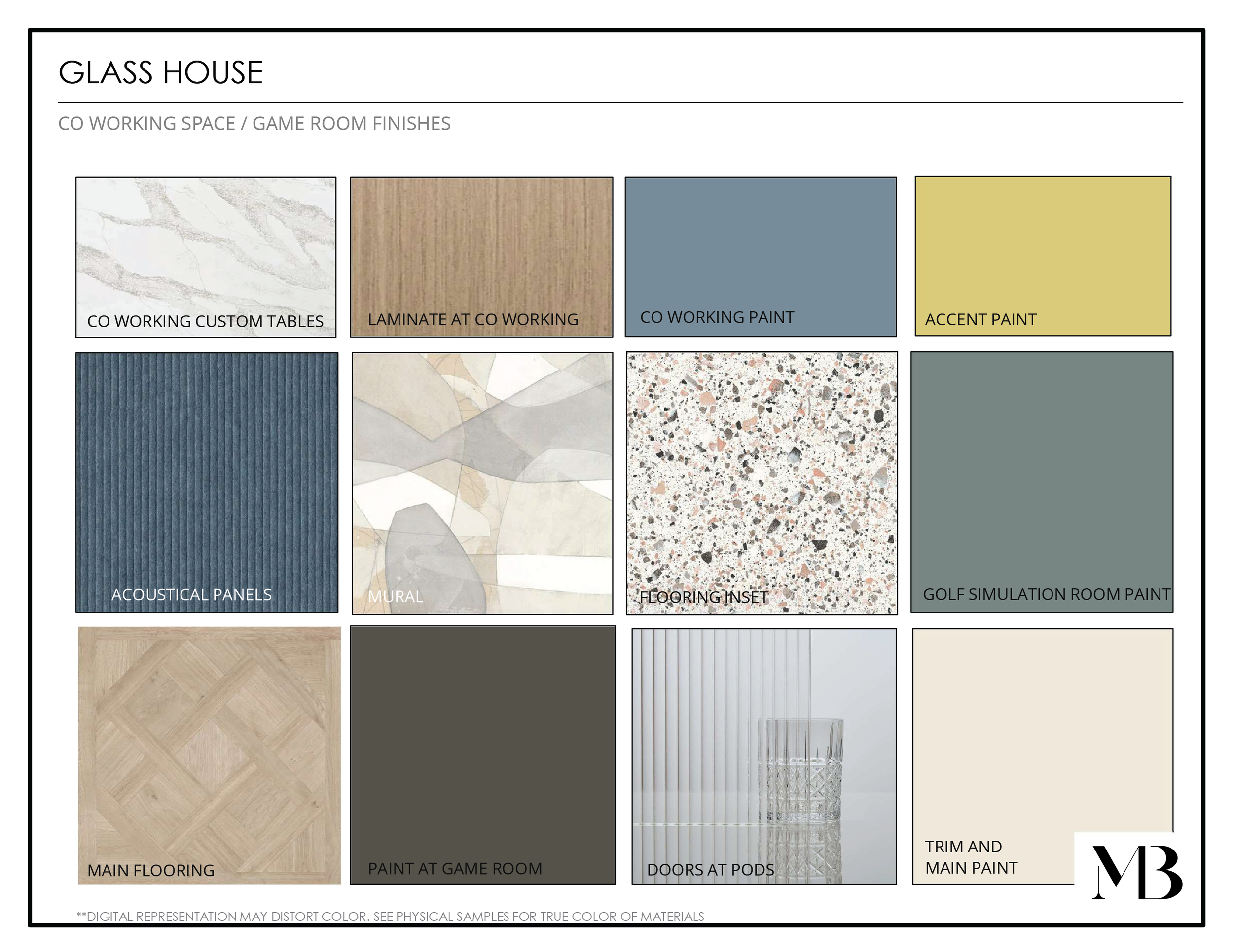 Color and material samples for a project named Glass House, including custom tables, laminate, paint, panels, mural, flooring, room paint, flooring, and doors, with MB logo.