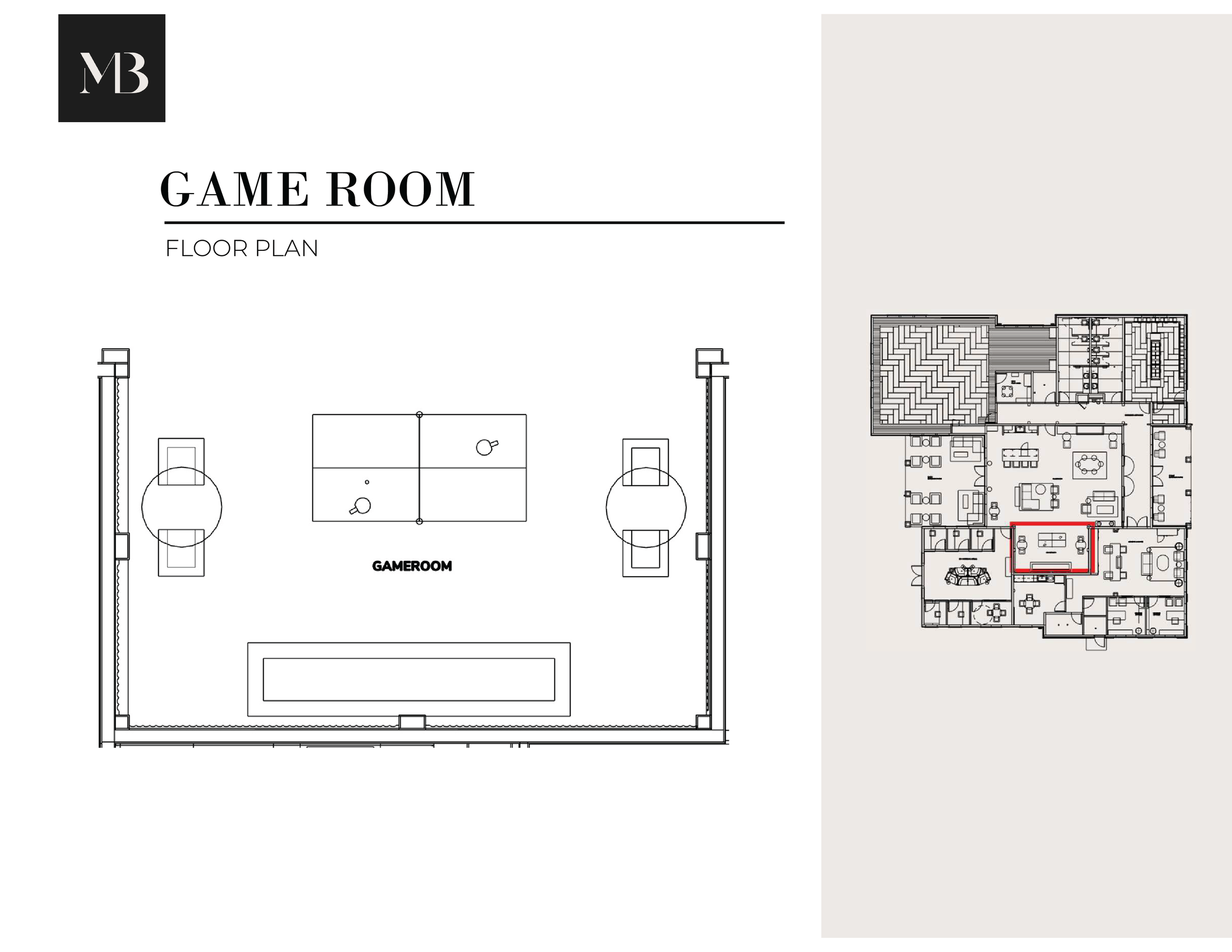 Floor plan of a game room with a ping pong table in the center and two seating areas with chairs on either side; labeled 'Game Room'. A smaller, detailed floor plan of a larger building layout is shown on the right.