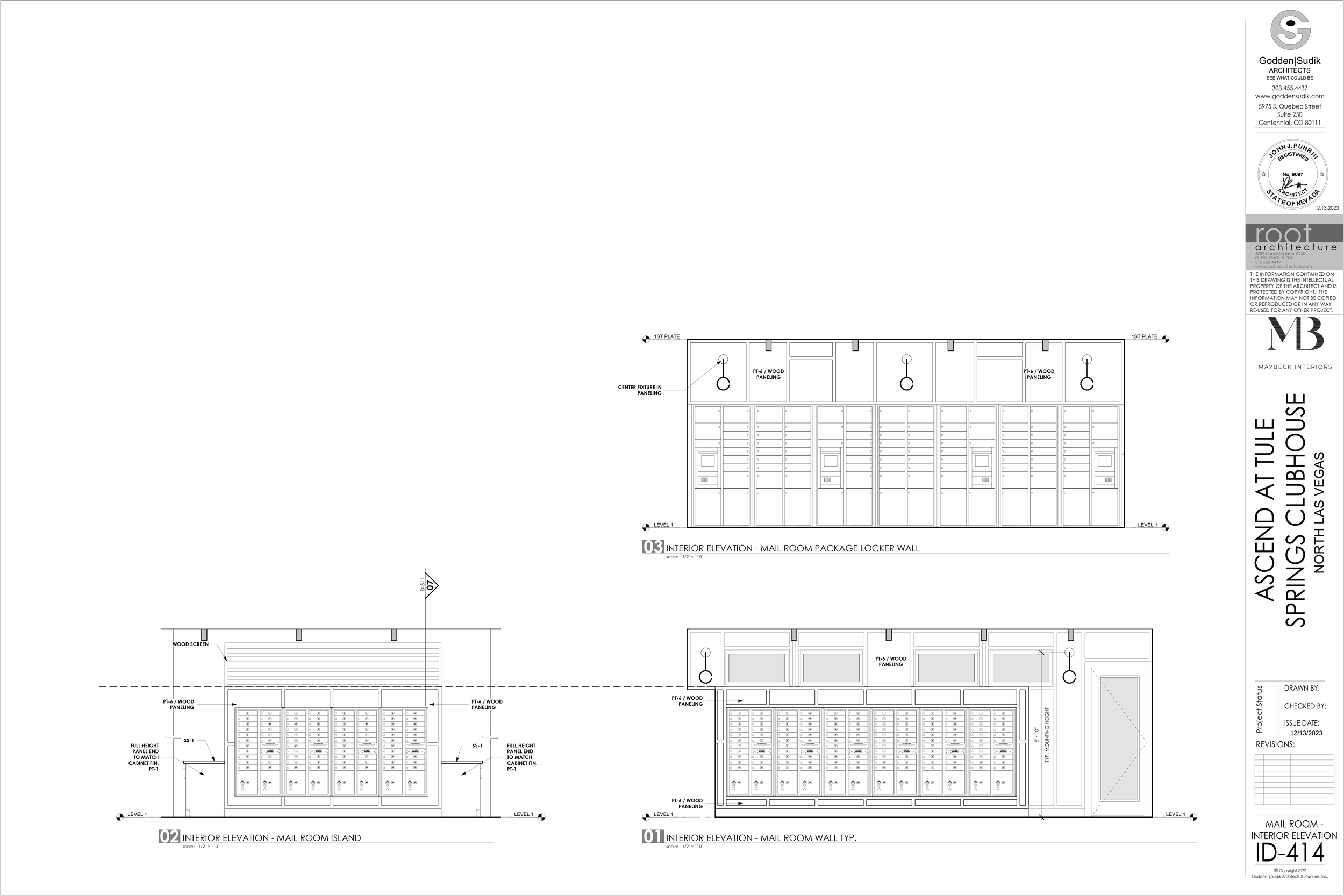 Architectural blueprint of mail room package locker wall at Ascend Attule Springs Clubhouse in North Las Vegas, showing interior elevation drawings of lockers and mail room island.