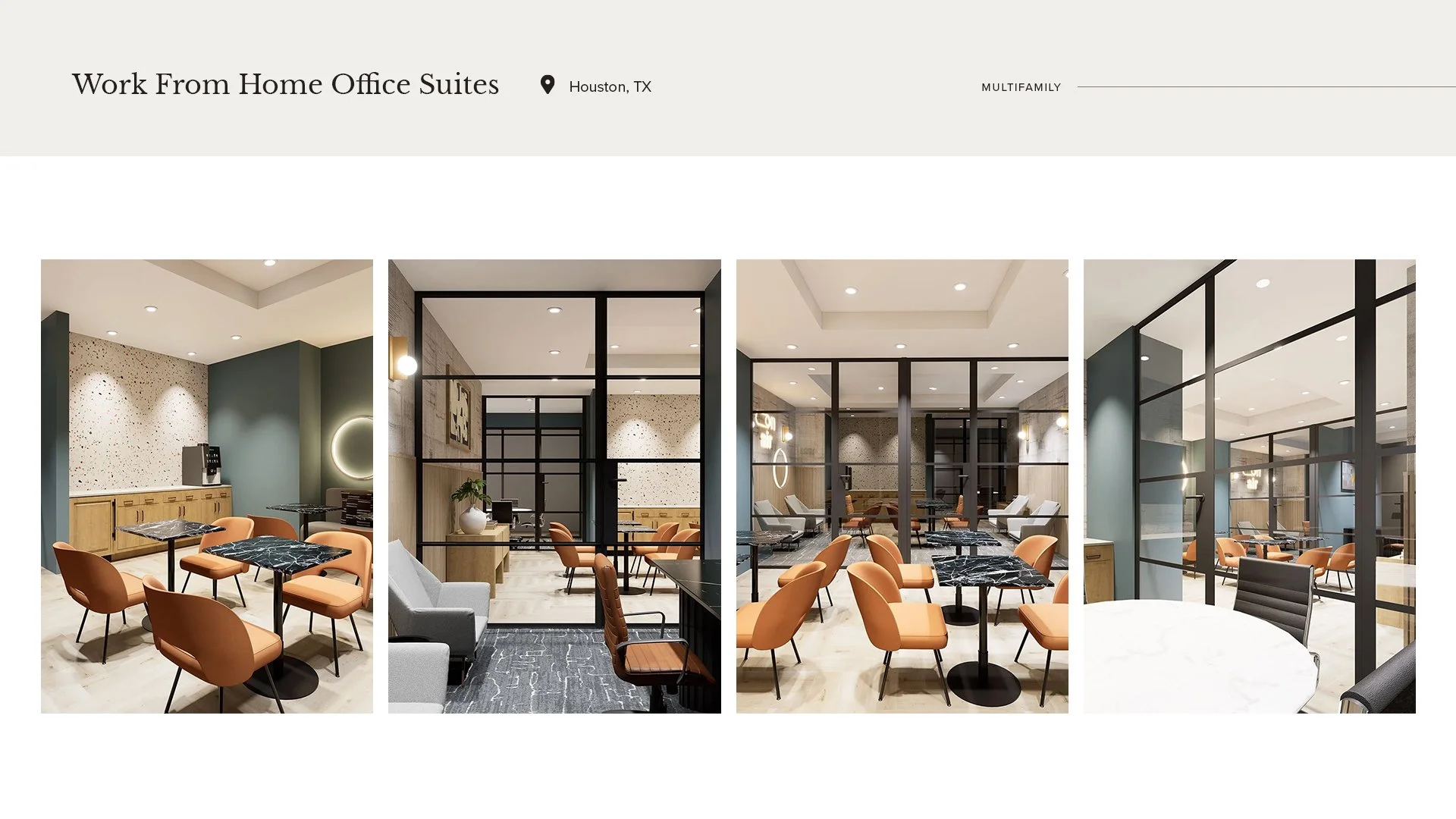 Interior views of a modern work from home office suite with seating and glass partition walls.