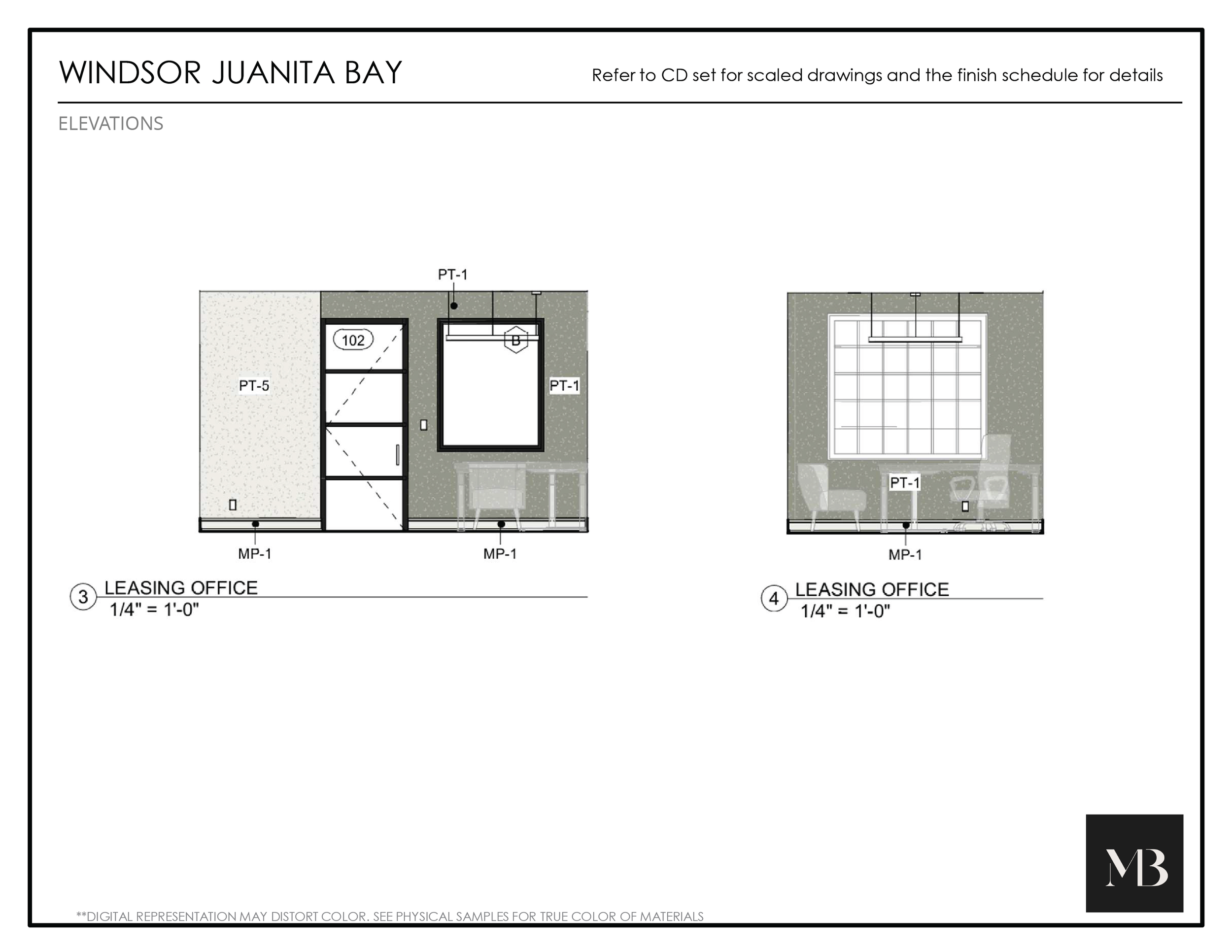 Architectural elevation drawings for Windsor Juanita Bay leasing office, showing front and side views with door, window, and interior layout details, scaled at 1/4 inch equals 1 foot.