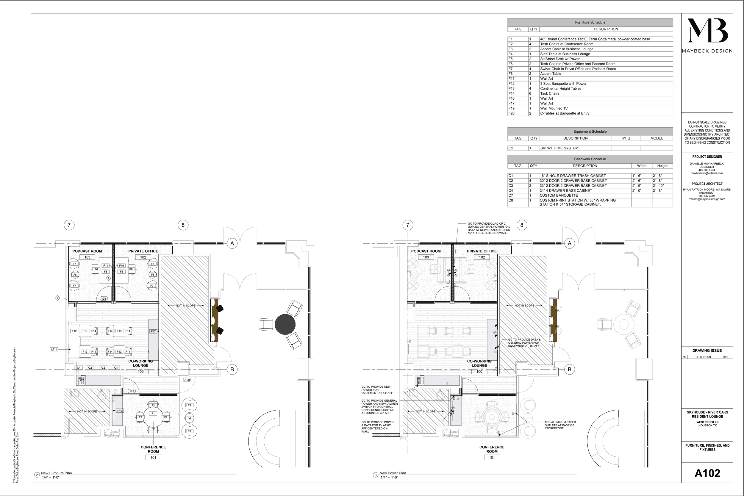 Architectural floor plan for a renovated office space, including conference room, private office, podcast room, co-working lounge, and various furniture and equipment details.