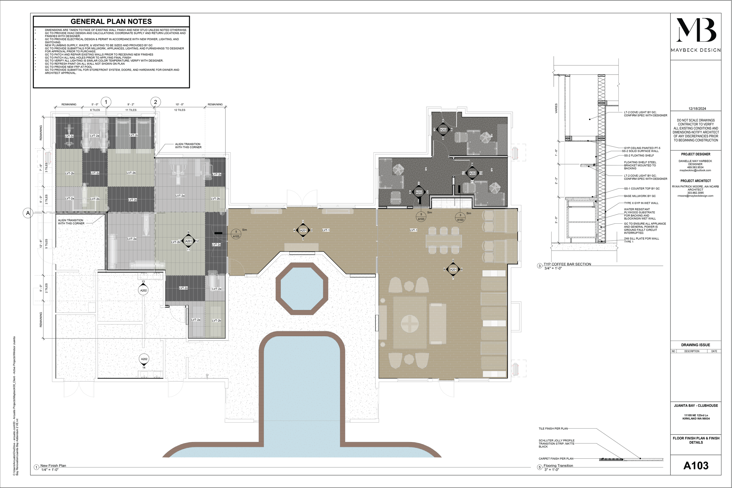 Architectural floor plan of a building with detailed room layouts, measurements, and notes. Includes a pool area and multiple interior spaces.