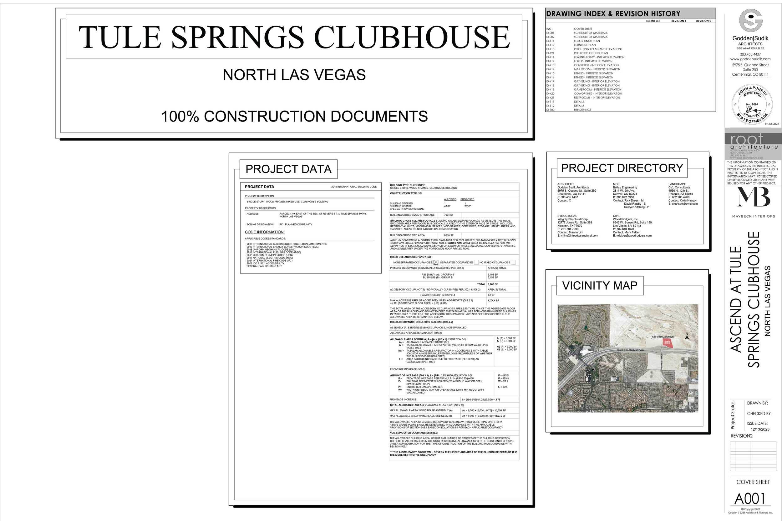 Title page of construction documents for Tule Springs Clubhouse in North Las Vegas, including project data, project directory, vicinity map, drawing index, revision history, and cover sheet with company logos and project details.