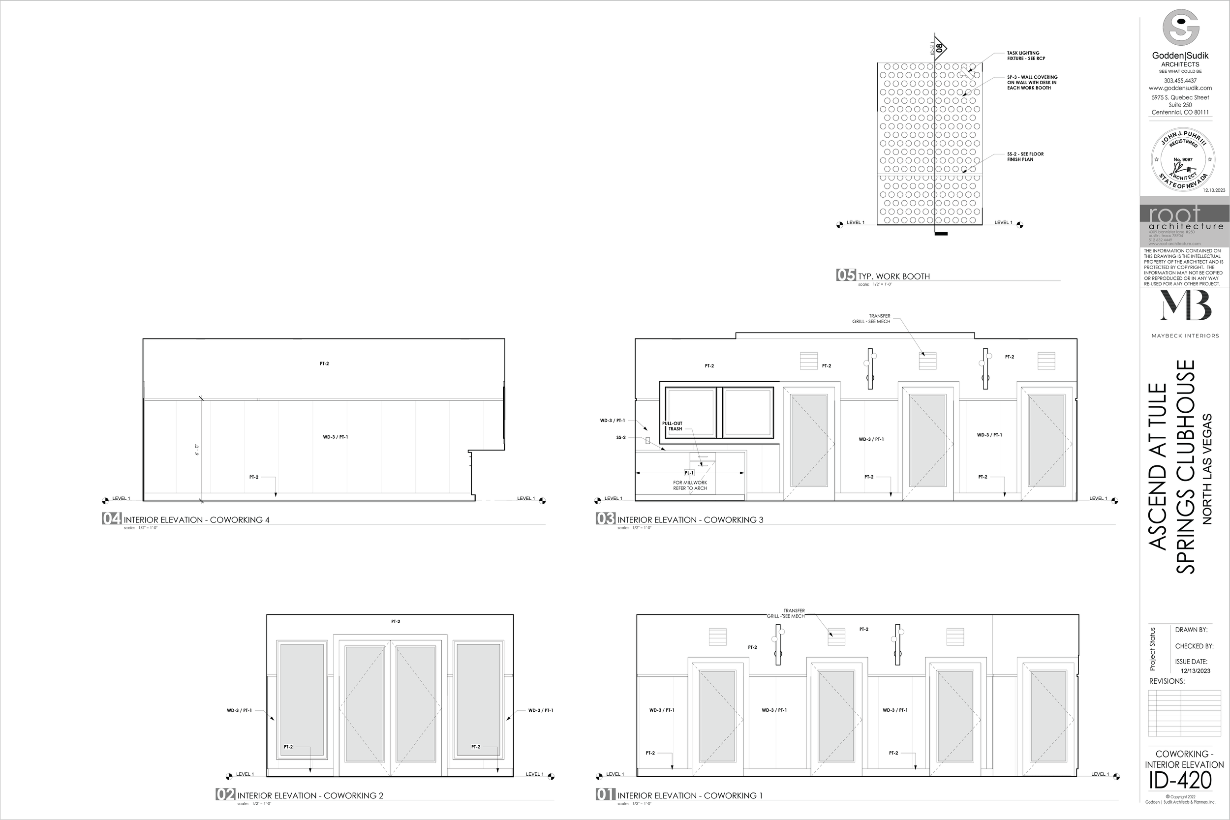 Blueprint drawings of interior elevations and typical work booths for Ascend Attile Springs Clubhouse in North Las Vegas.