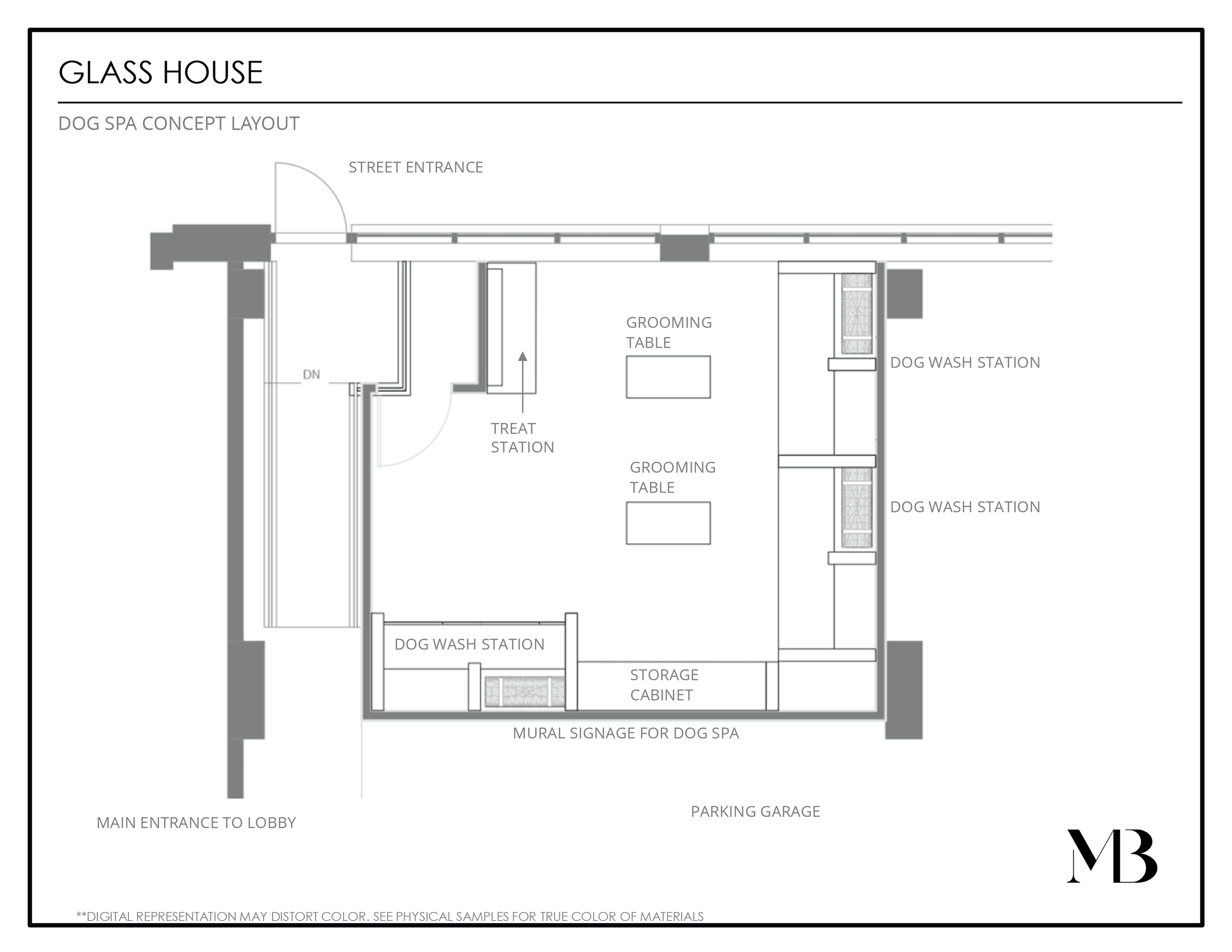 Floor plan of a dog spa named Glass House, showing street entrance, main entrance to lobby, parking garage, grooming tables, dog wash stations, treat station, storage cabinet, and mural signage for the dog spa.