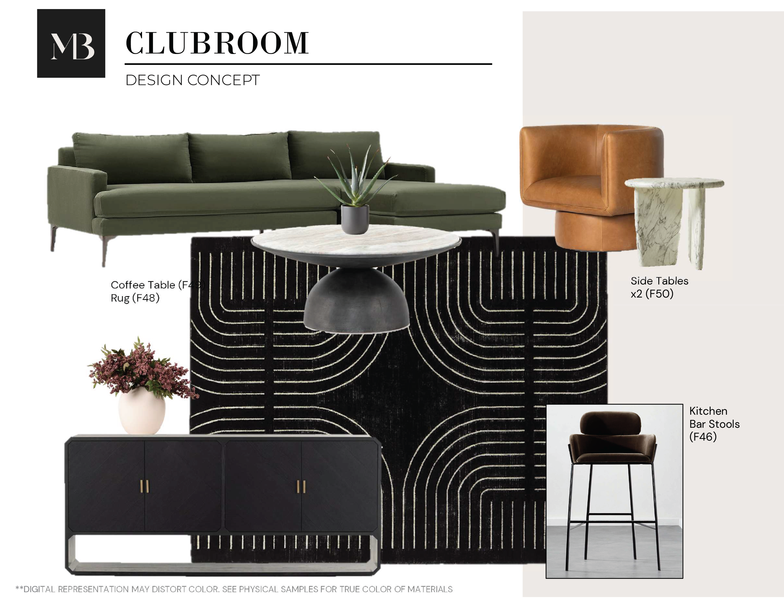 Design concept board featuring living room furniture and decor, including a dark green sofa, a black patterned rug, a white coffee table with a round marble top, two side tables with marble bases, a black sideboard with gold handles, a black kitchen bar stool, and a potted plant.