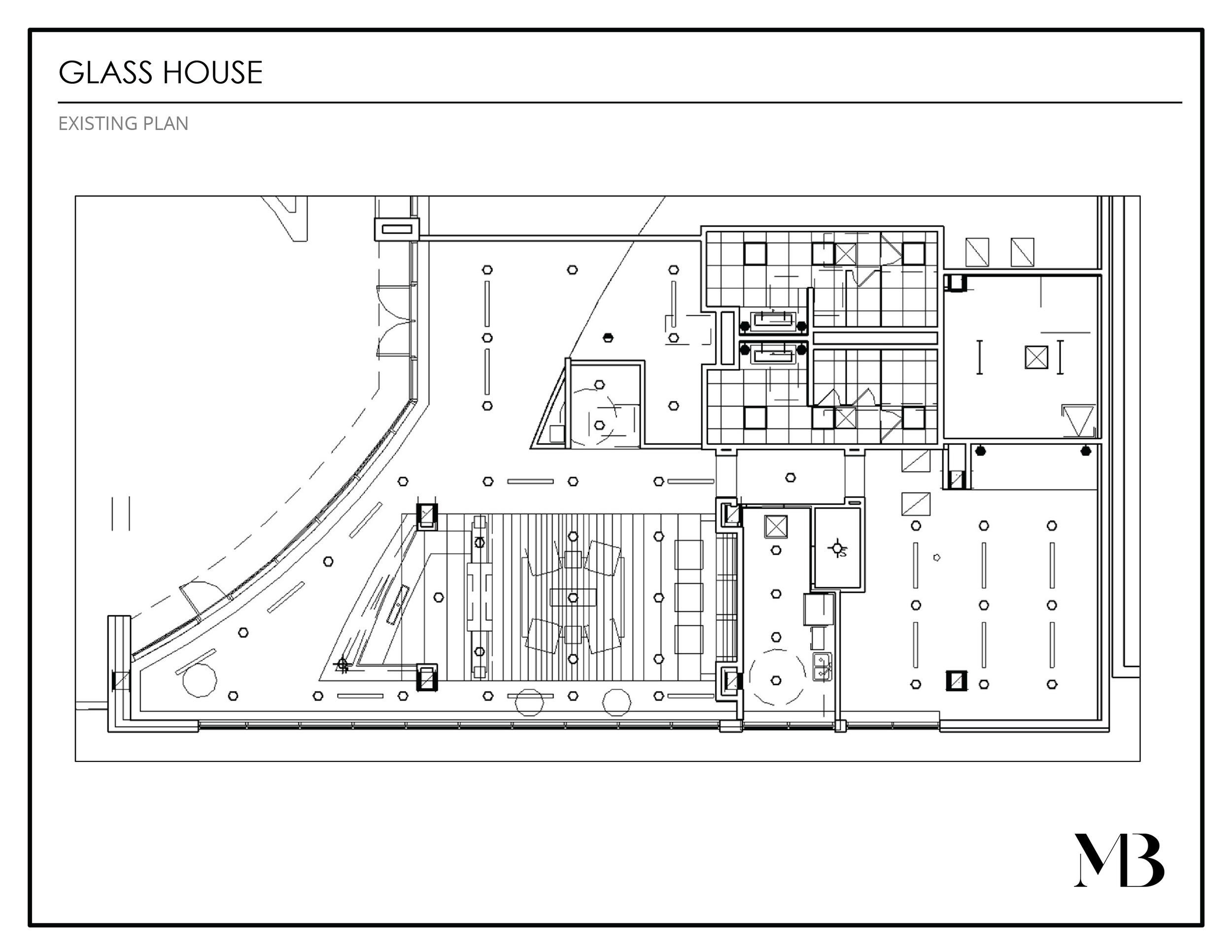 Architectural floor plan of a glass house showing room layouts, furniture, and entrance details.
