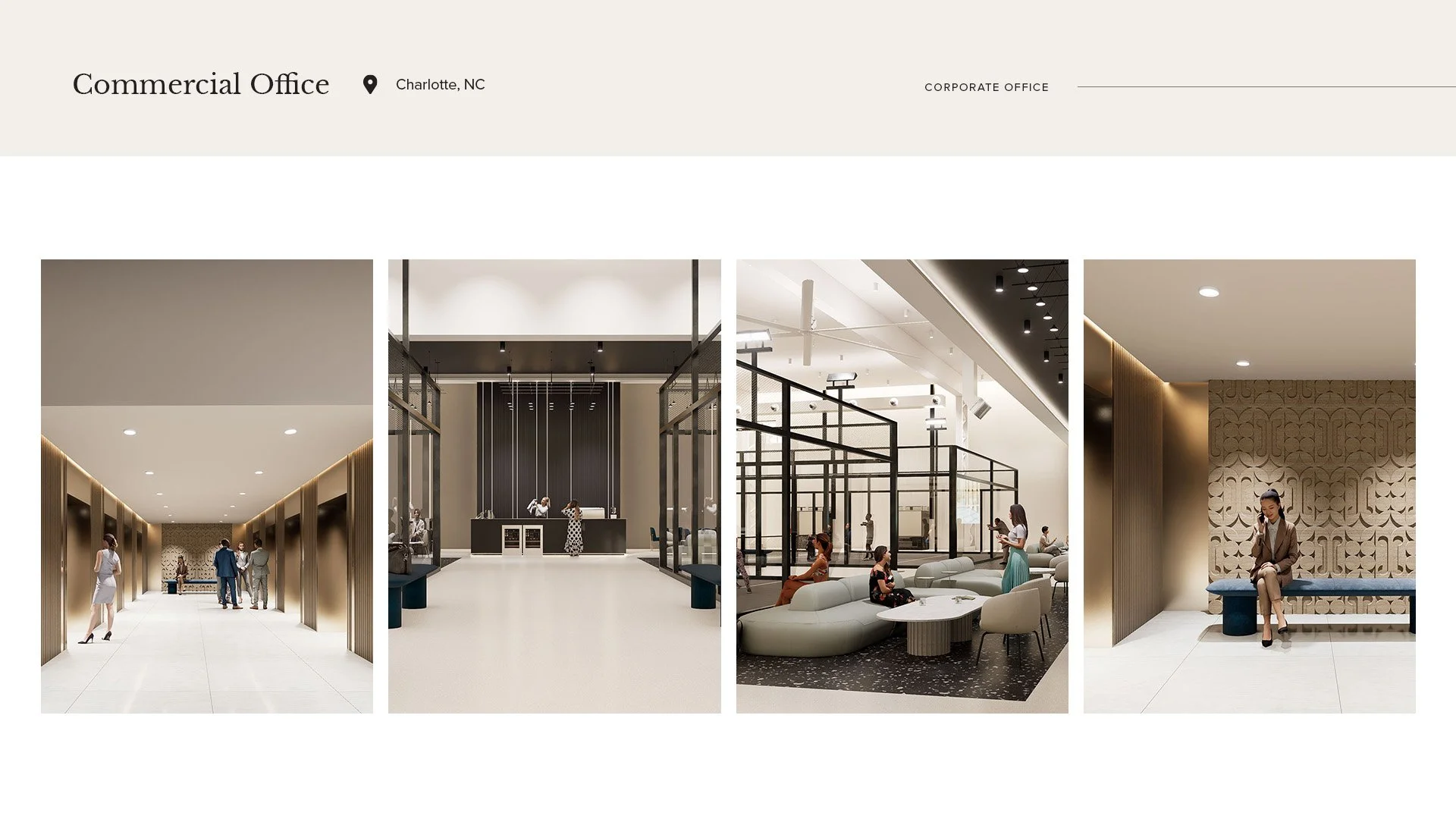 Four images of a modern, minimalist office lobby with people: first shows people walking through a hallway, second shows reception desk with staff, third shows lounge seating with visitors, and fourth shows a woman sitting on a bench.