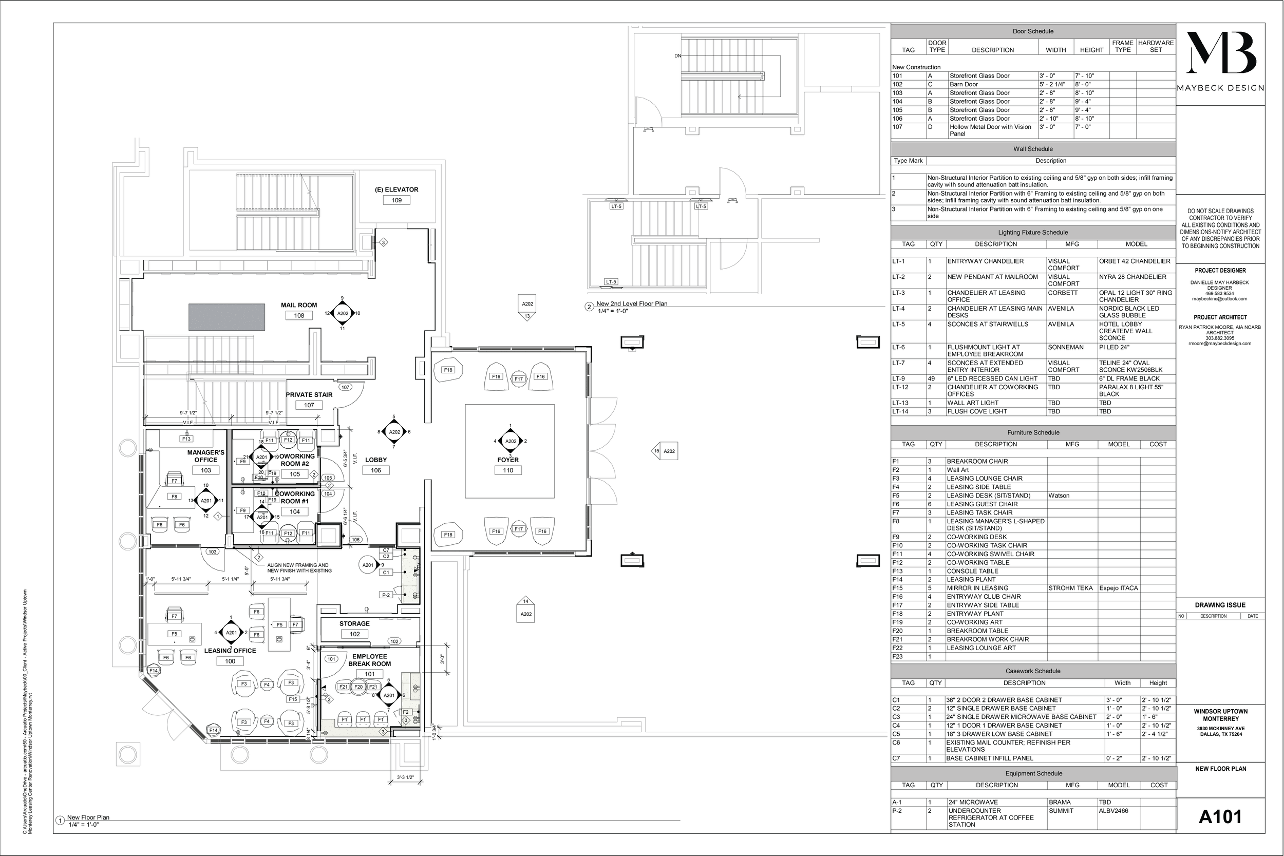 Architectural floor plan of a building layout showing rooms like employee break room, coworking rooms, lobby, storage, leasing office, mail room, and manager's office, with room dimensions and furniture arrangements.