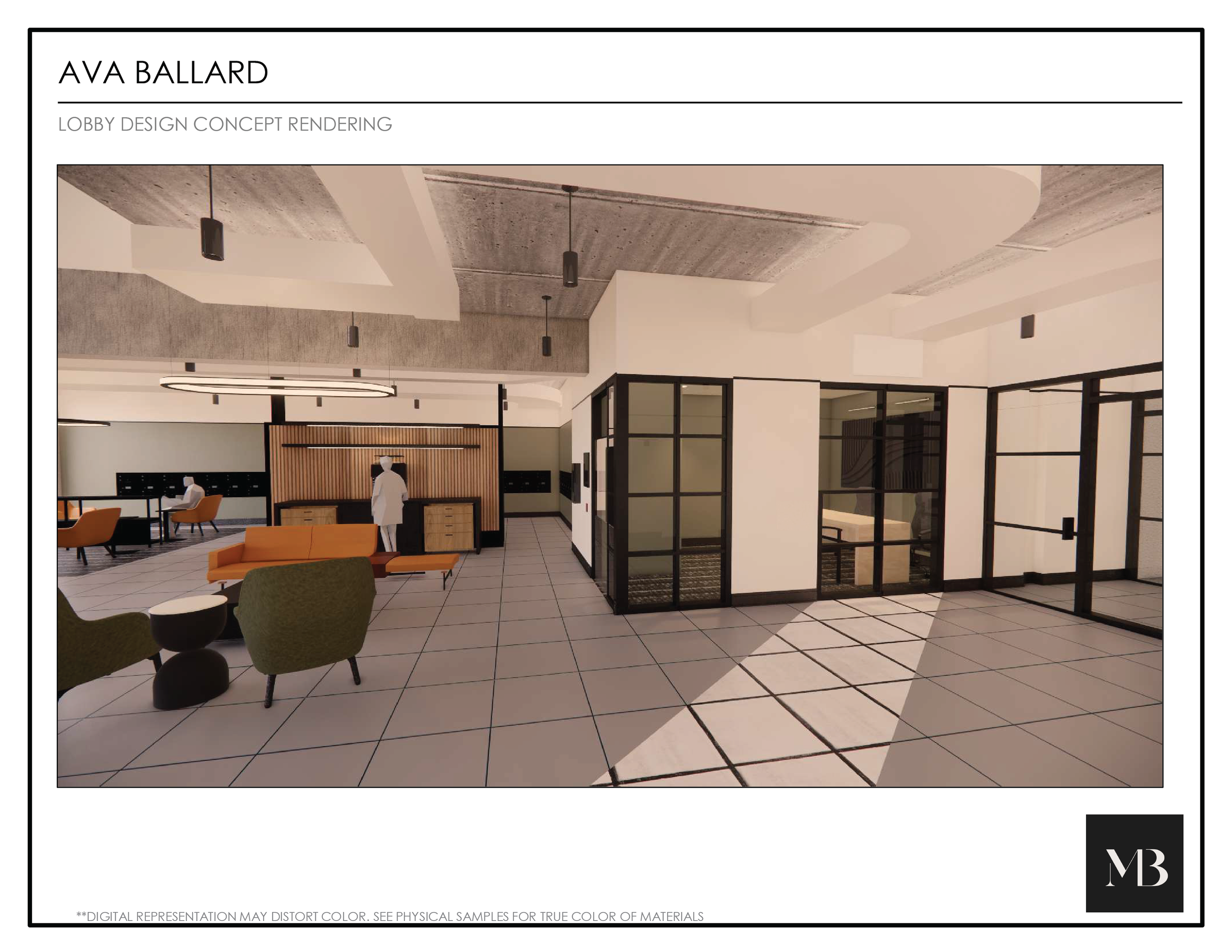Lobby design concept rendering showing modern furniture, glass walls, tiled floor, concrete ceiling, and ceiling lights, with a reception area in the background