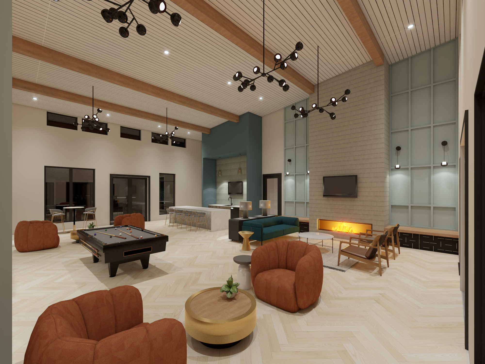 Modern living room with beige herringbone wood flooring, a large flat-screen TV on a textured wall, a linear fireplace below, a teal sofa, three mid-century modern armchairs, a round coffee table, a foosball table, a bar area with stools, and contemporary chandeliers with exposed bulbs.
