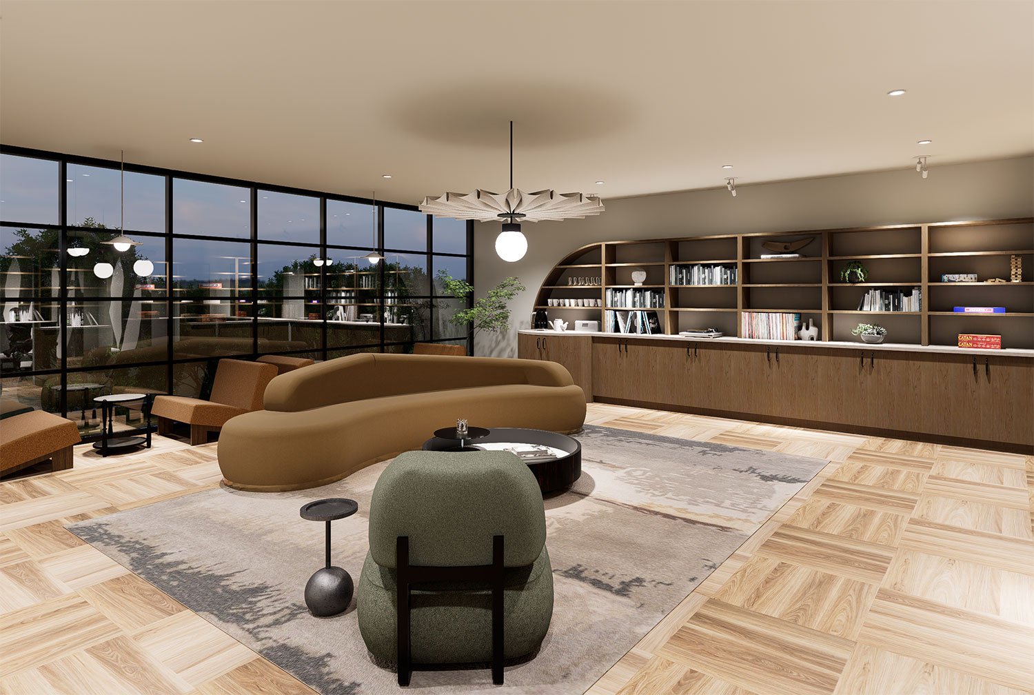 Modern living room with curved sofa, armchair, built-in bookshelf, large windows, wooden flooring, and decorative lighting fixtures.