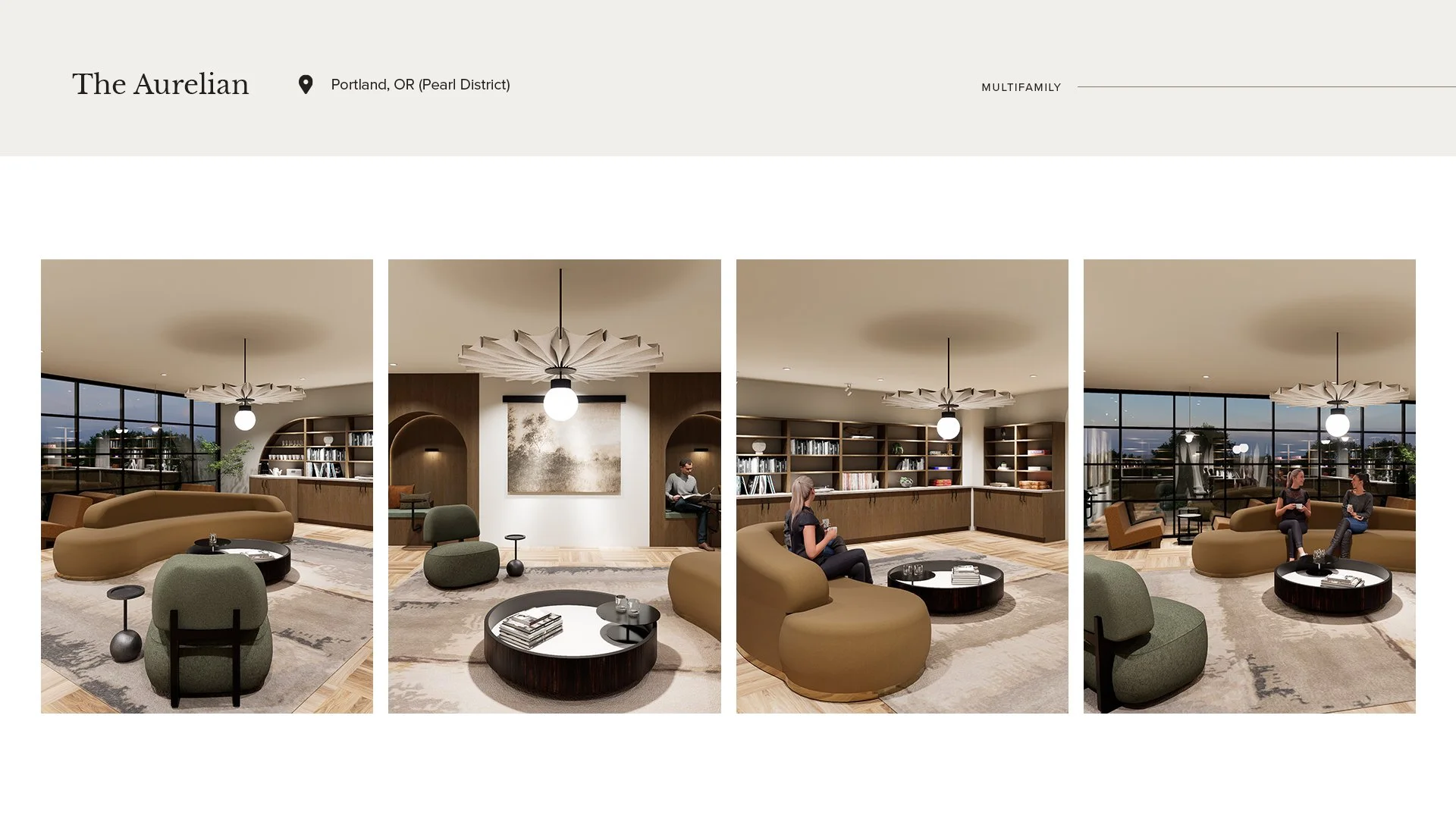 A collage of four interior living room scenes with modern furniture, large windows, and people sitting and interacting.