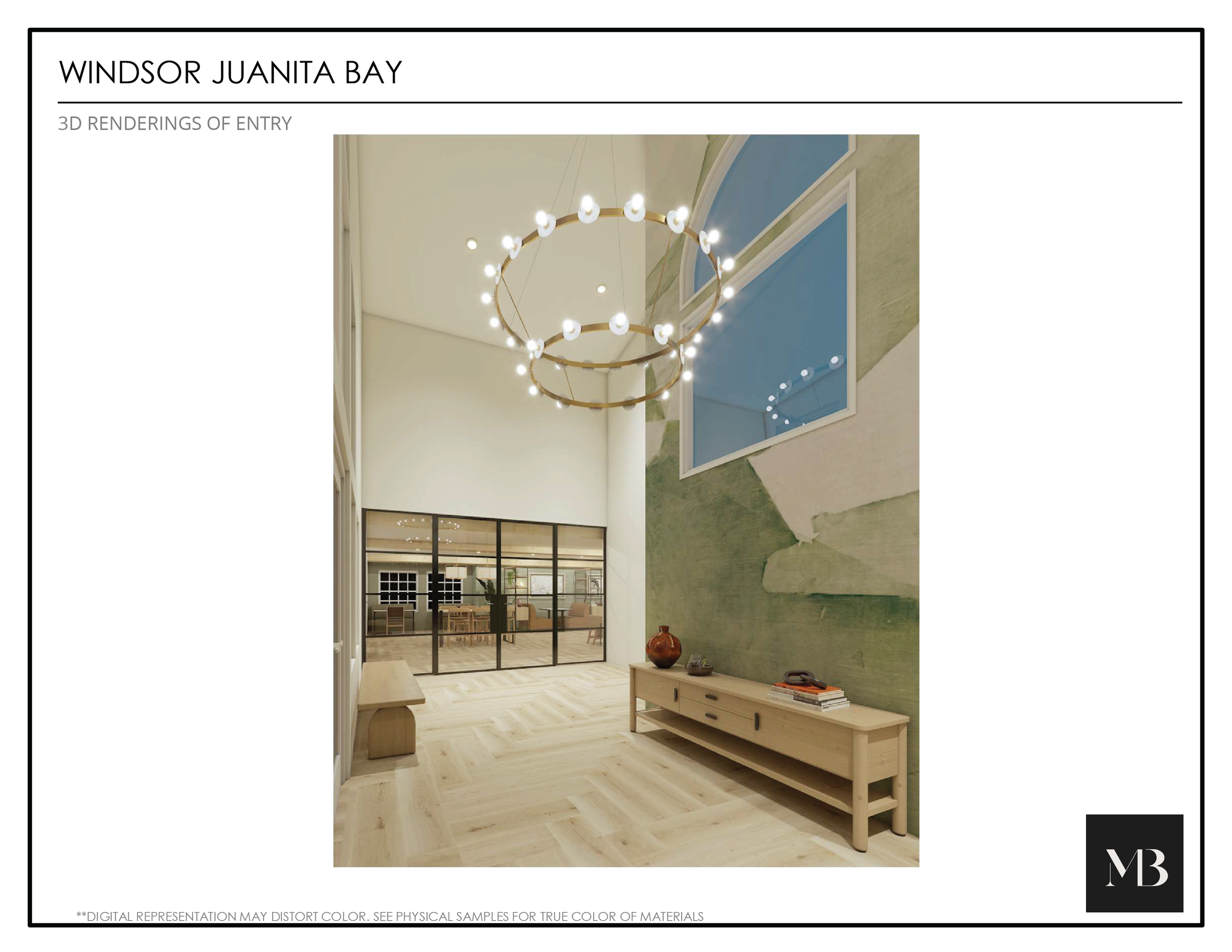 Interior view of Windsor Juanita Bay entryway featuring a modern light fixture, a wooden bench, a console table with decorative items, a large mirror, and a painted accent wall.