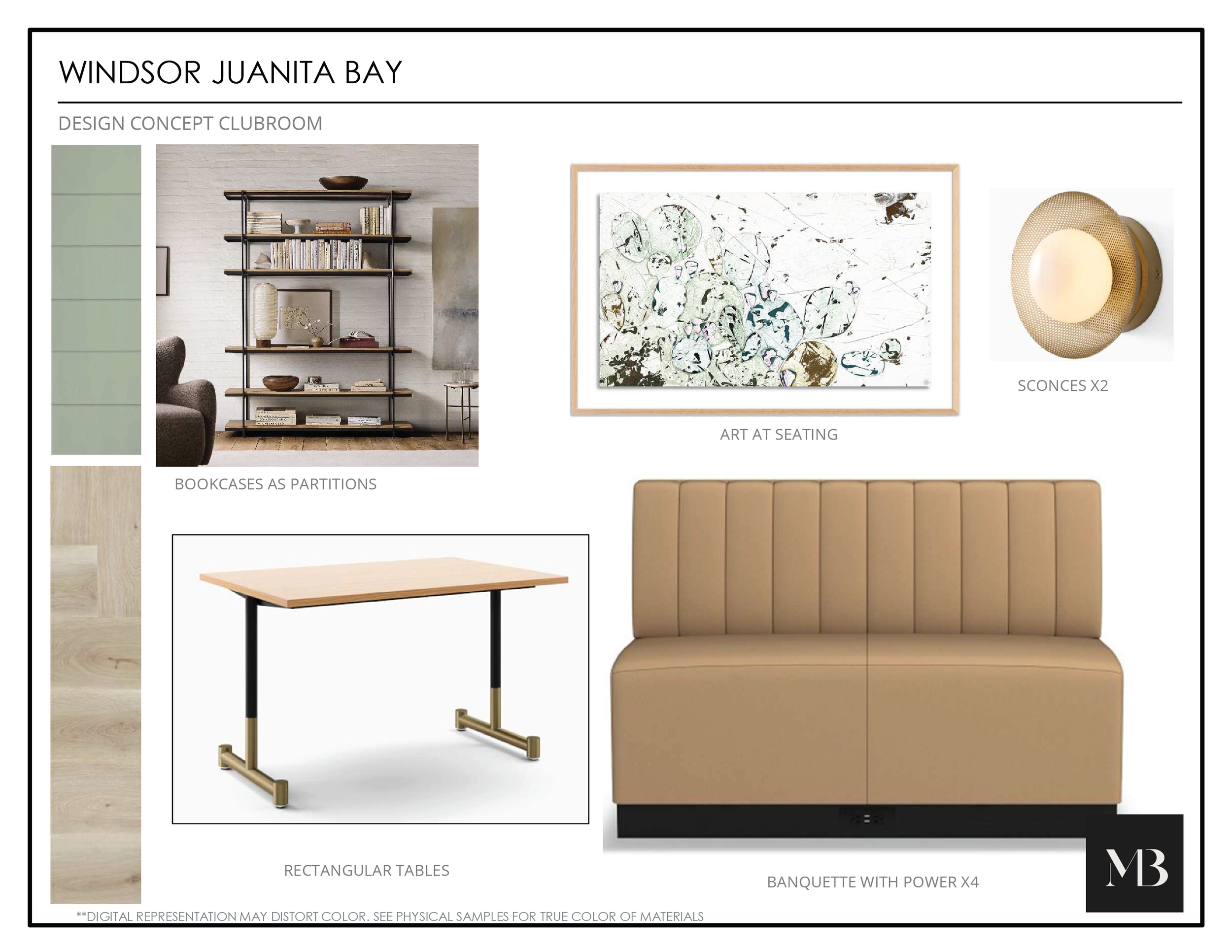 Design concept for Windsor Juanita Bay clubroom featuring a bookshelf partition, artwork at seating area, two scones, rectangular tables, and a banquette with power outlets.