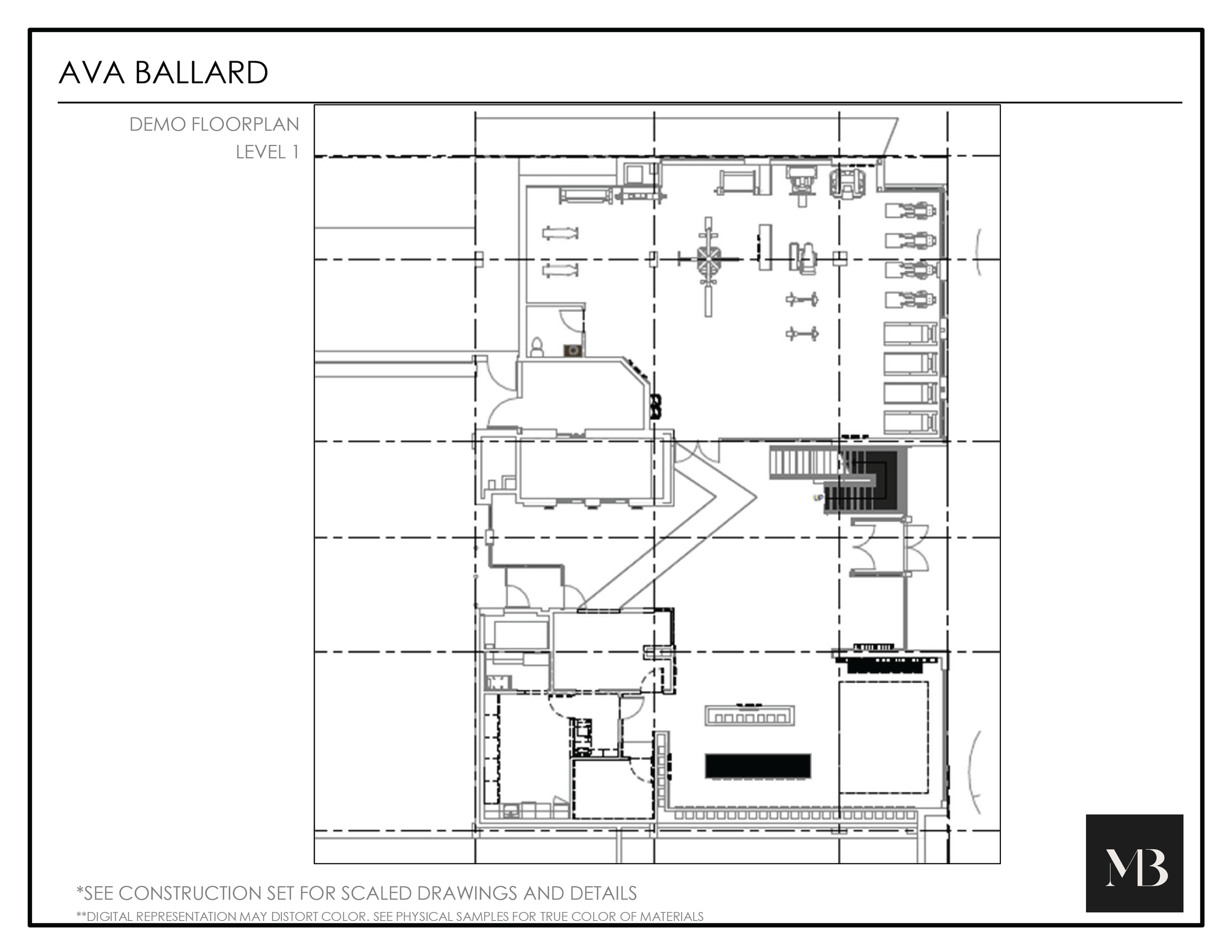 Architectural floor plan labeled 'AVA BALLARD' shows a detailed layout of a building's first level, with rooms, stairs, and various fixtures outlined.